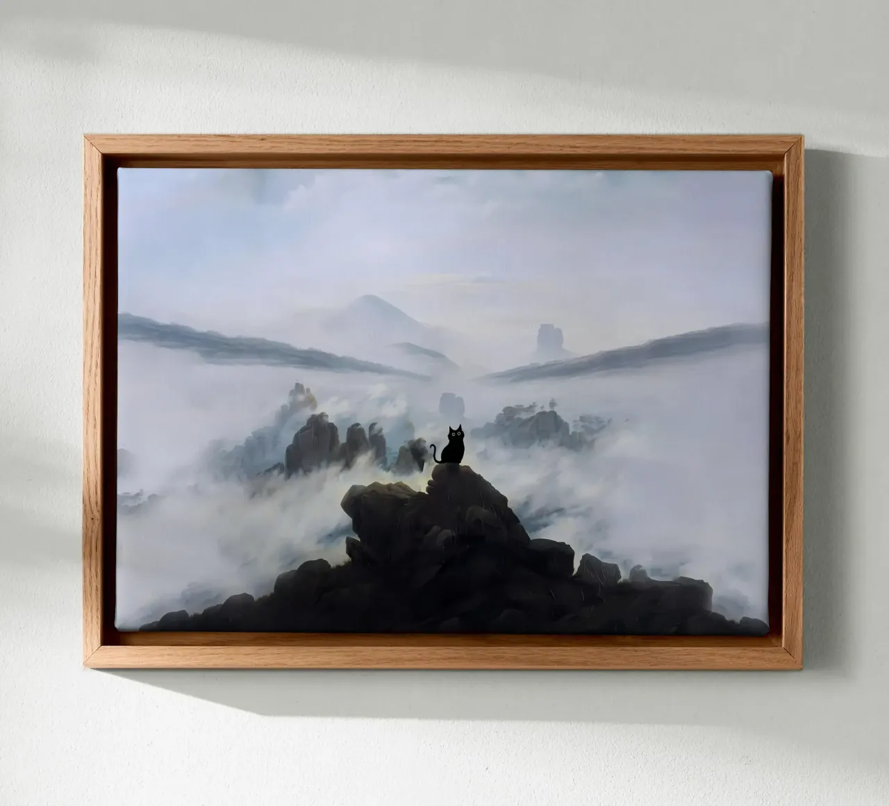 cat silhouette rocks mountain fog mist clouds horizon sky la canvas with Floater frame by Ashish Kashyap