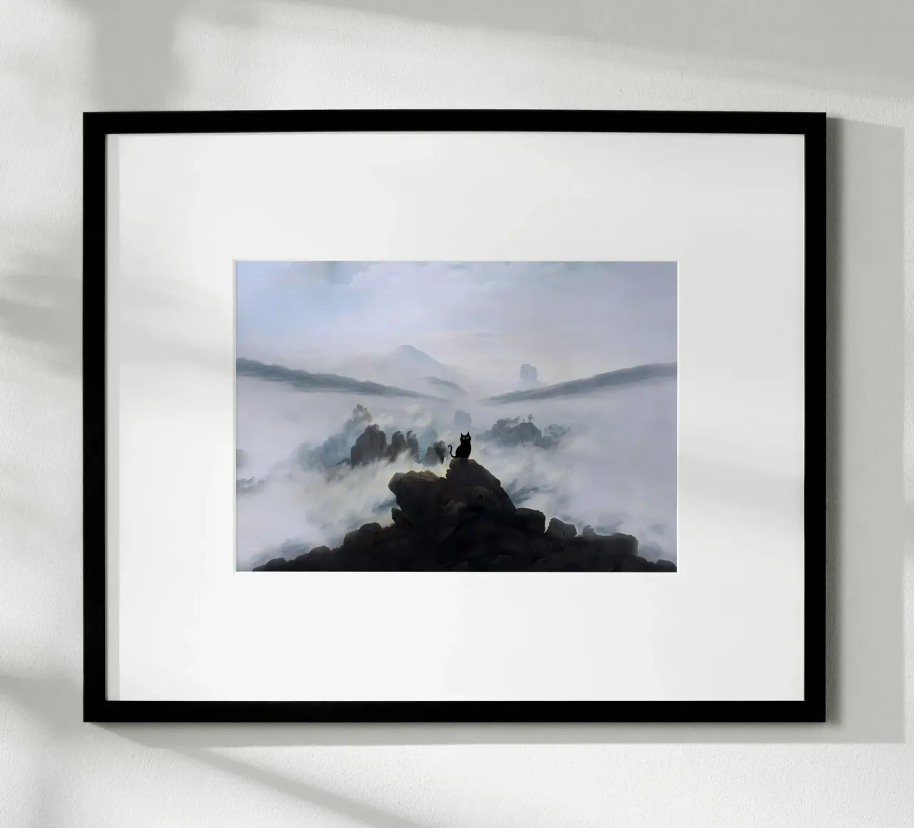 cat silhouette rocks mountain fog mist clouds horizon sky la poster with plastic frame by Ashish Kashyap