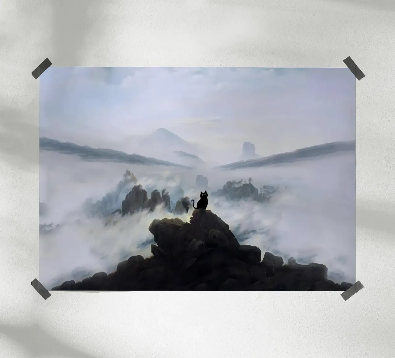 cat silhouette rocks mountain fog mist clouds horizon sky la poster with plastic frame by Ashish Kashyap