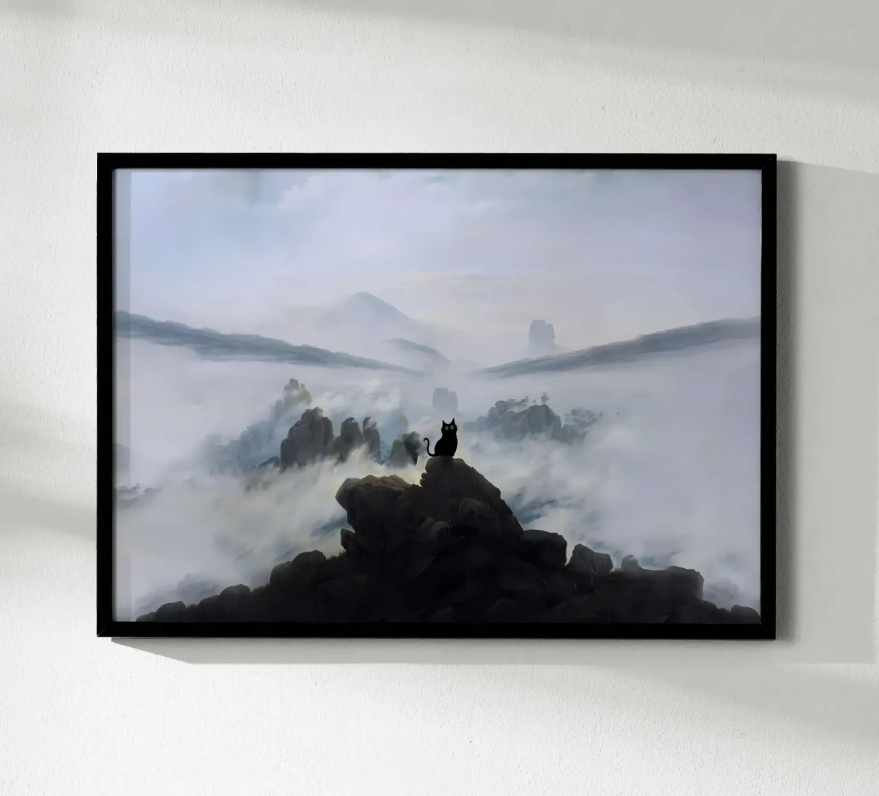 cat silhouette rocks mountain fog mist clouds horizon sky la poster with plastic frame by Ashish Kashyap