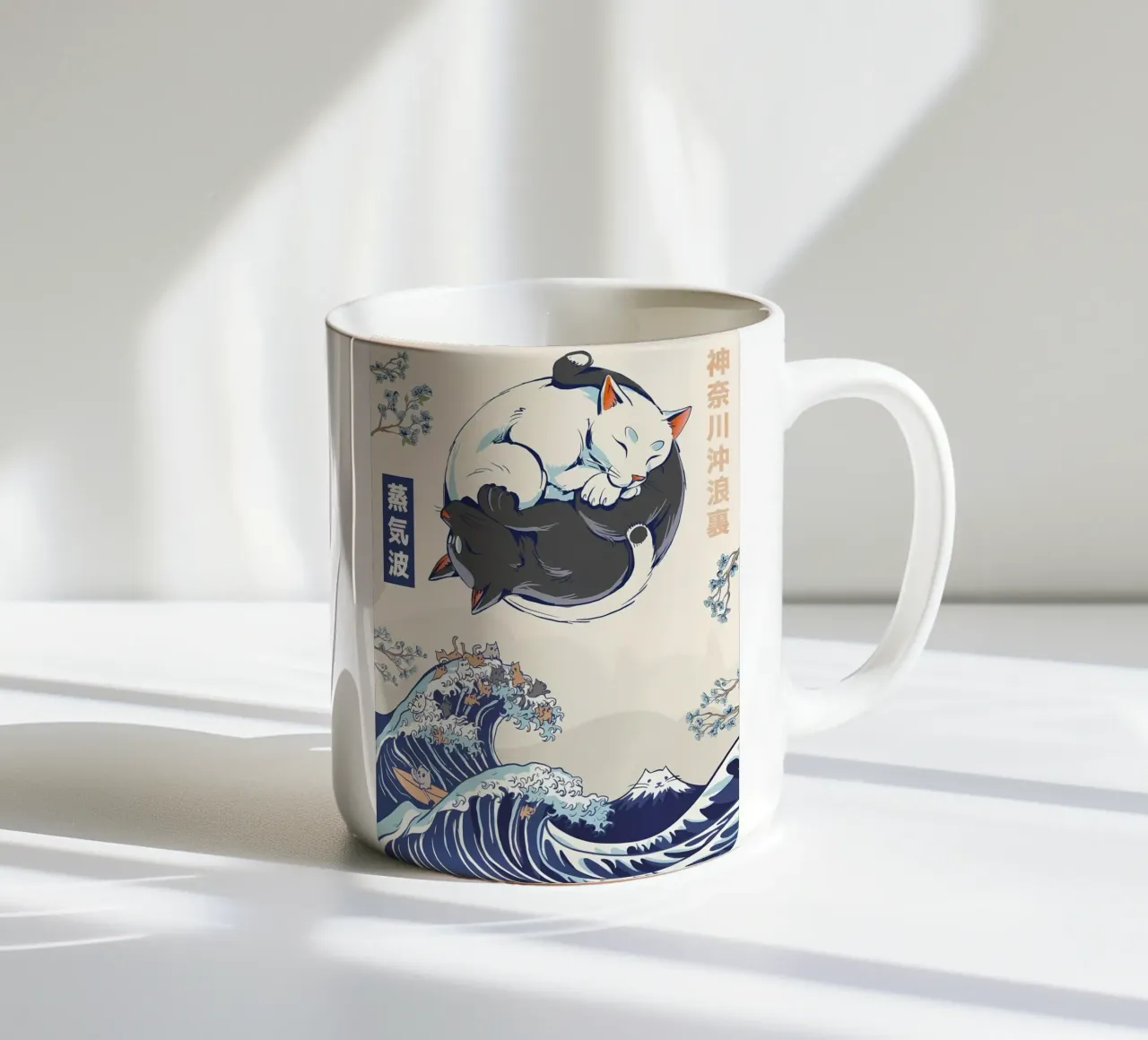 gatti onde testo giapponese yin yang fiori di ciliegio montagna s tazza in ceramica da Ashish Kashyap