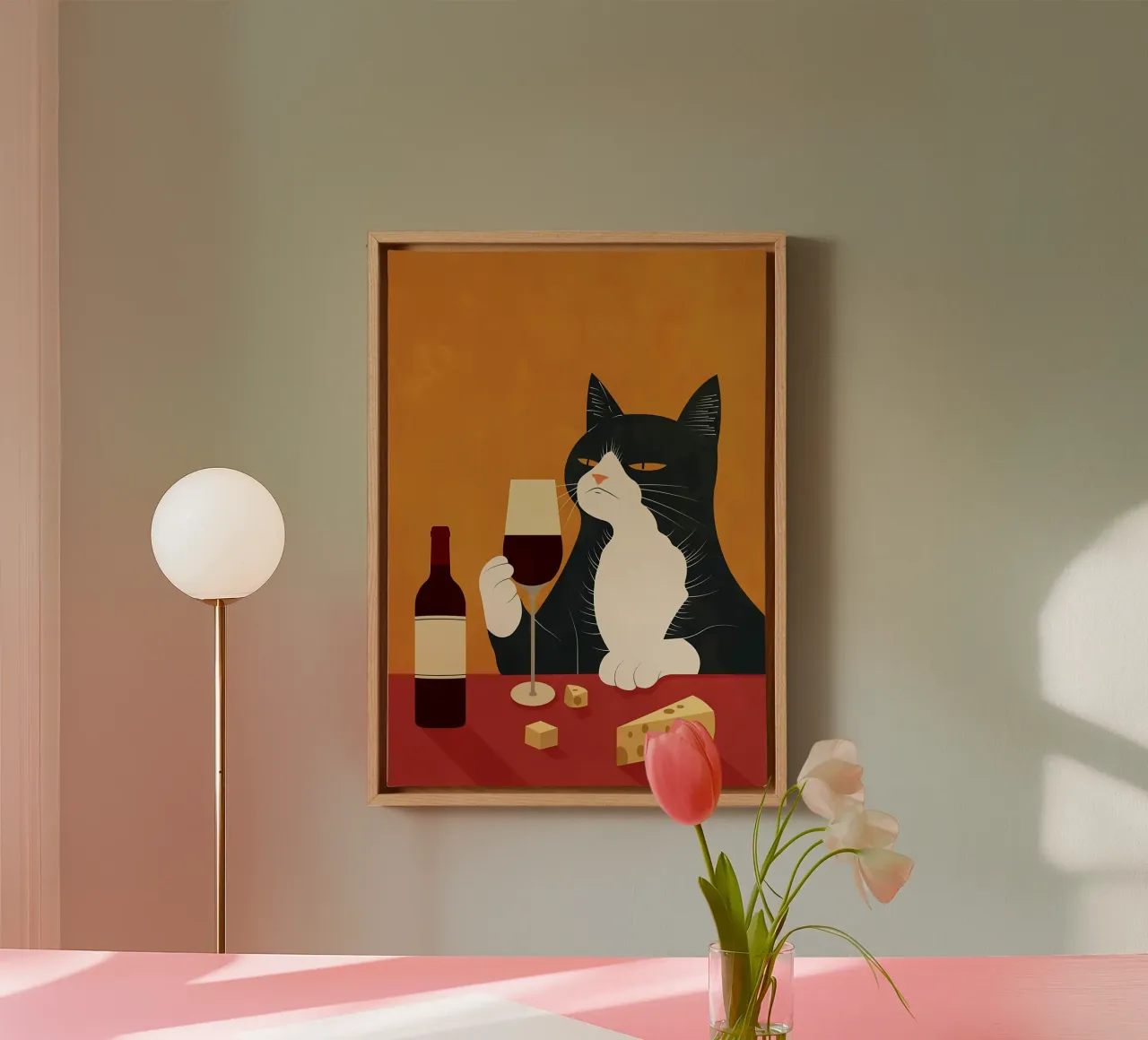 kat wijn glas kaas fles tafel zitten drinken wijn din canvas met Baklijst van Ashish Kashyap