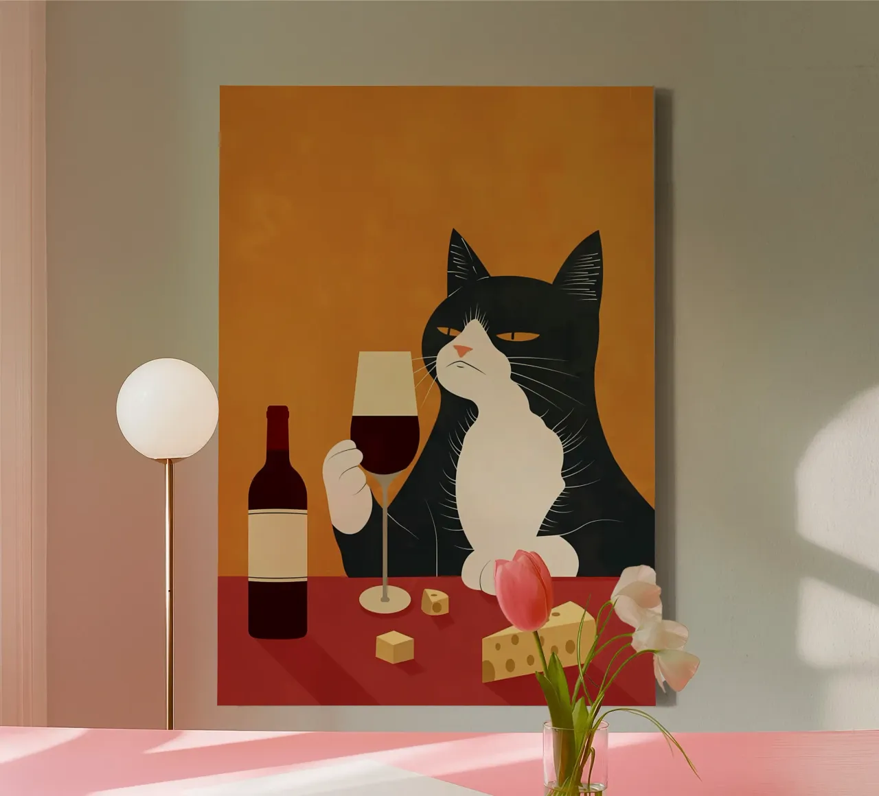 kat wijn glas kaas fles tafel zitten drinken wijn din canvas met Baklijst van Ashish Kashyap