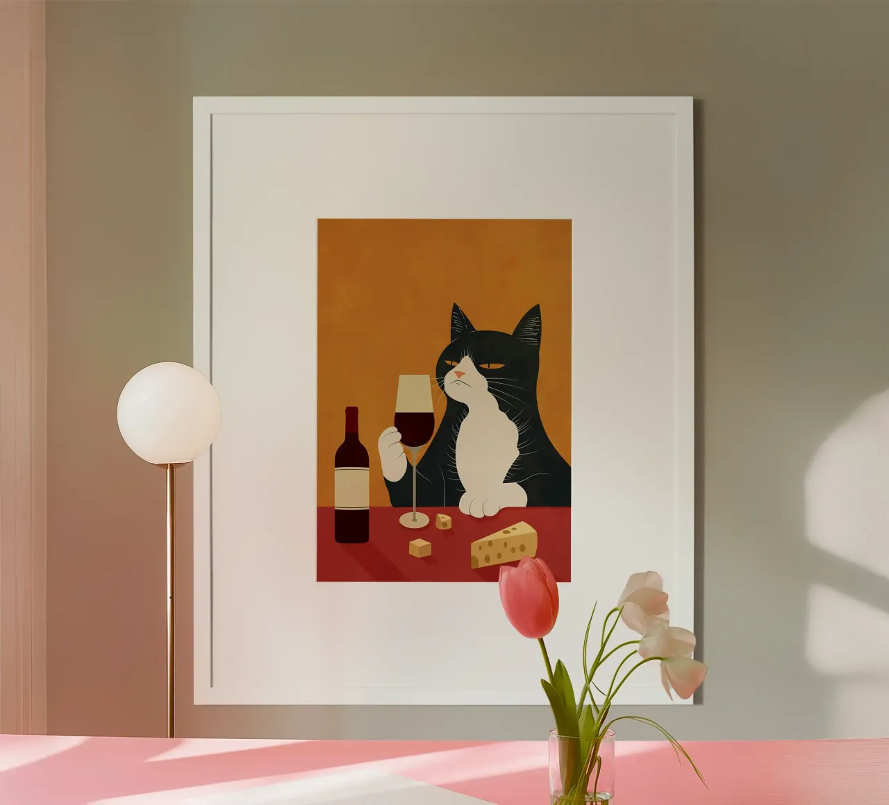 Katze Wein Glas Käse Flasche Tisch sitzend trinken Wein din Poster von Ashish Kashyap