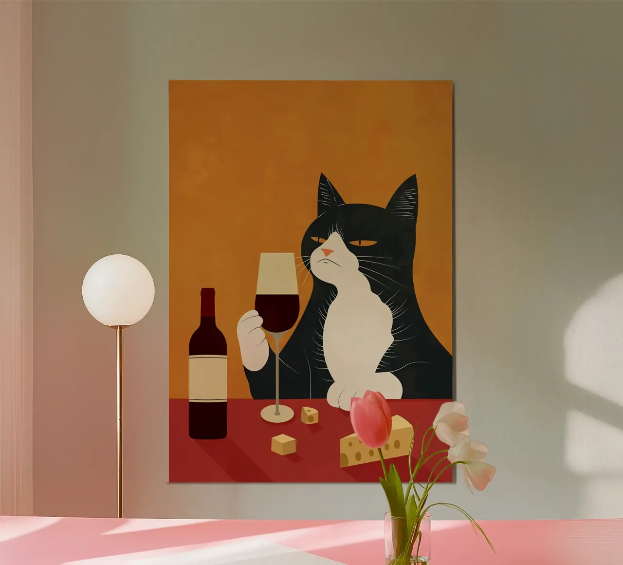 Katze Wein Glas Käse Flasche Tisch sitzend trinken Wein din Poster von Ashish Kashyap