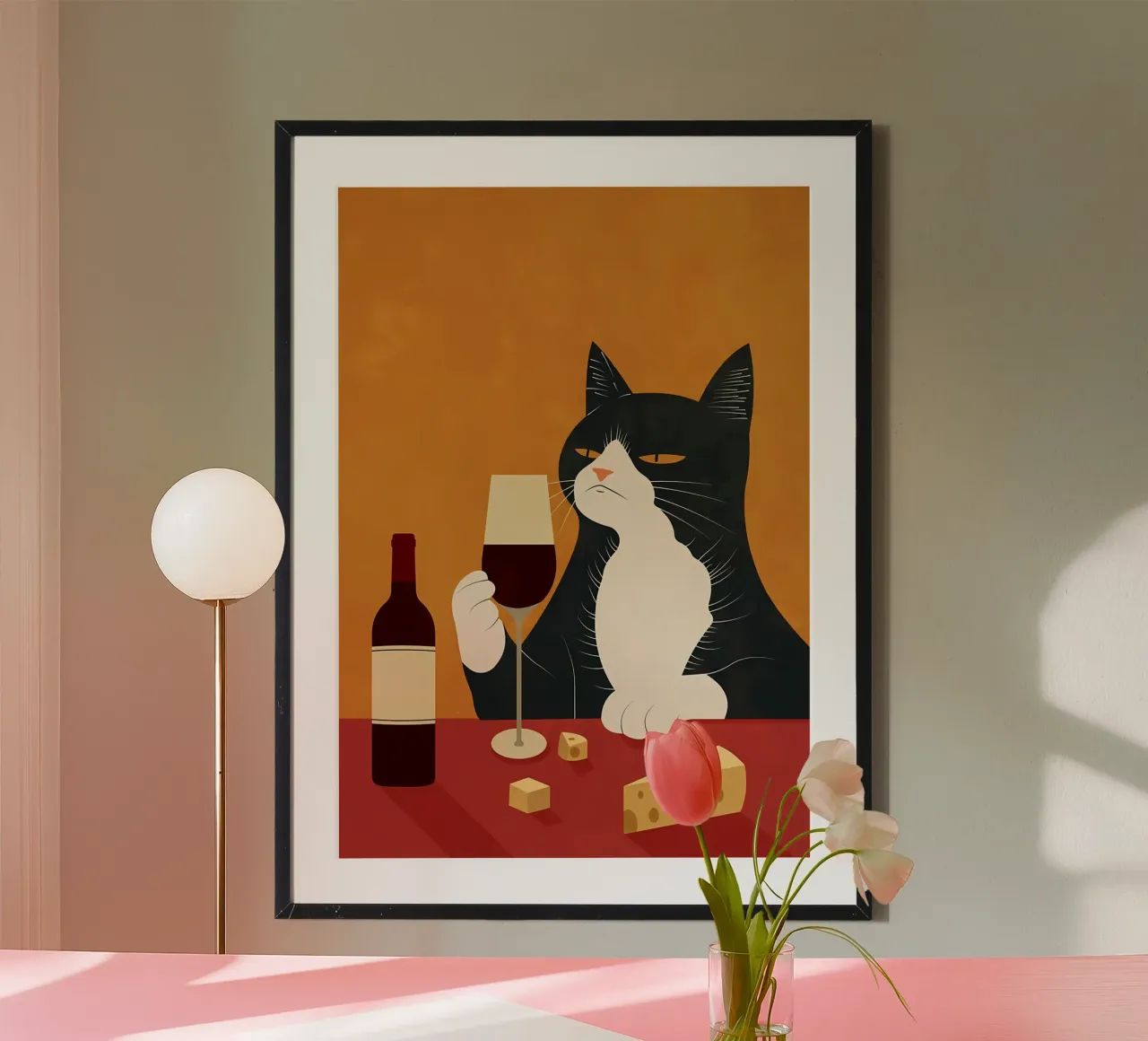Katze Wein Glas Käse Flasche Tisch sitzend trinken Wein din Poster von Ashish Kashyap