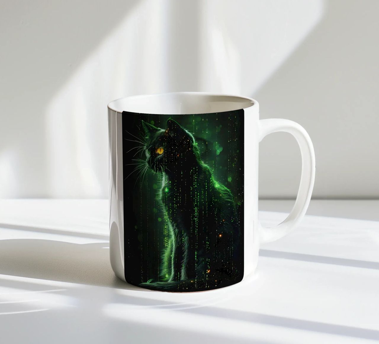 silhouette di gatto bagliore verde matrice digitale linee modello neon tazza in ceramica da William D Ogden