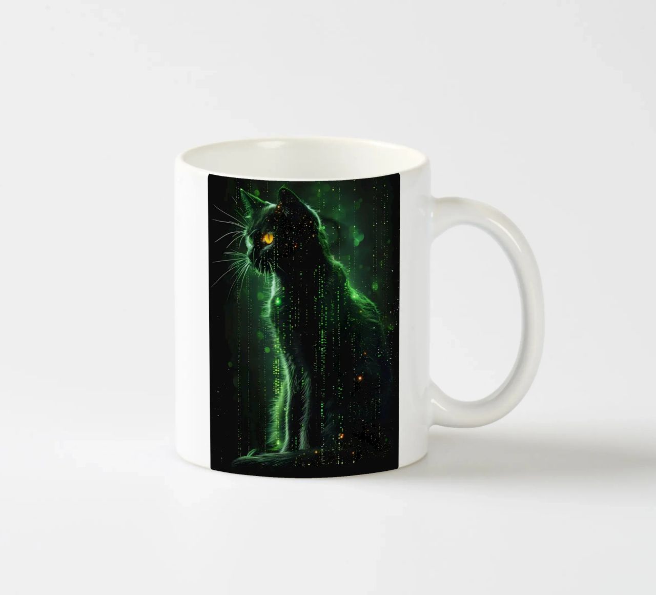 silhouette di gatto bagliore verde matrice digitale linee modello neon tazza in ceramica da William D Ogden