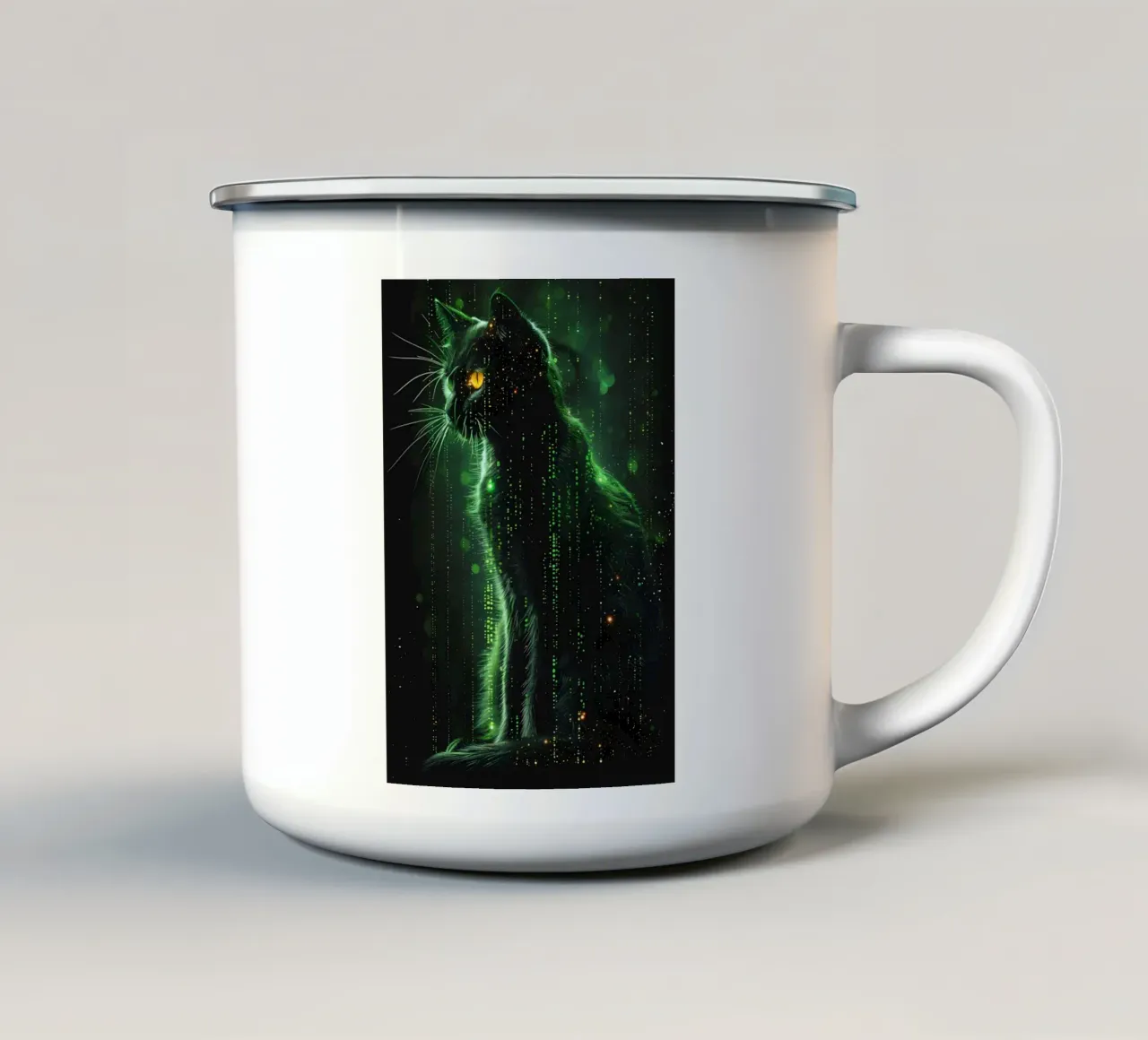 gato silueta resplandor verde matriz digital líneas patrón de neón taza de esmalte de William D Ogden