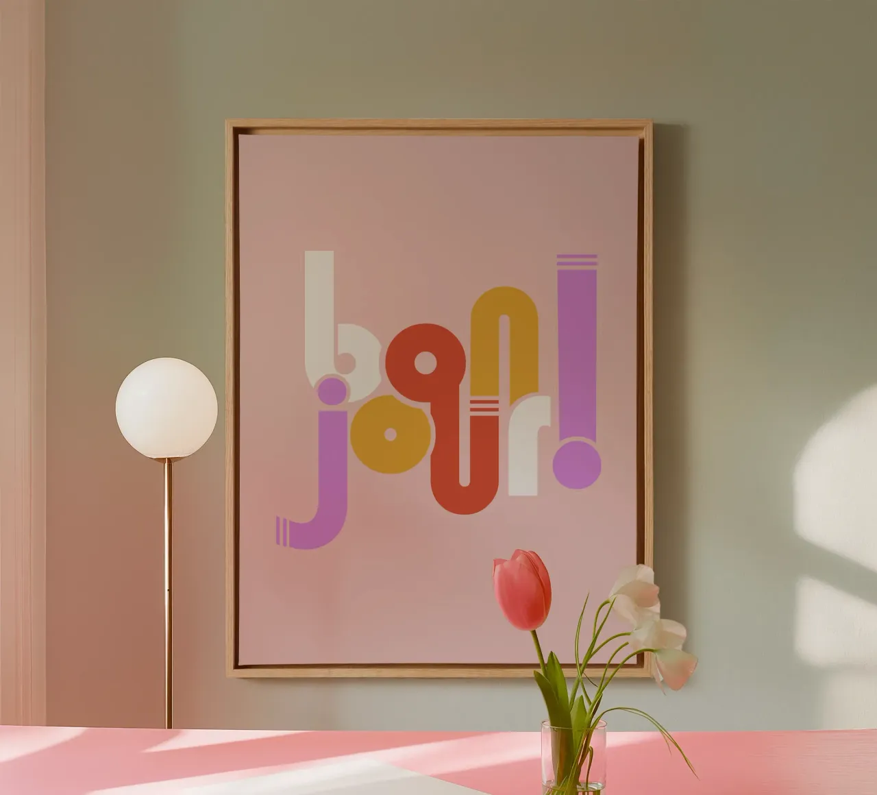 Bonjour! Retro Belettering Positieve Kunst canvas met Baklijst van showmemars