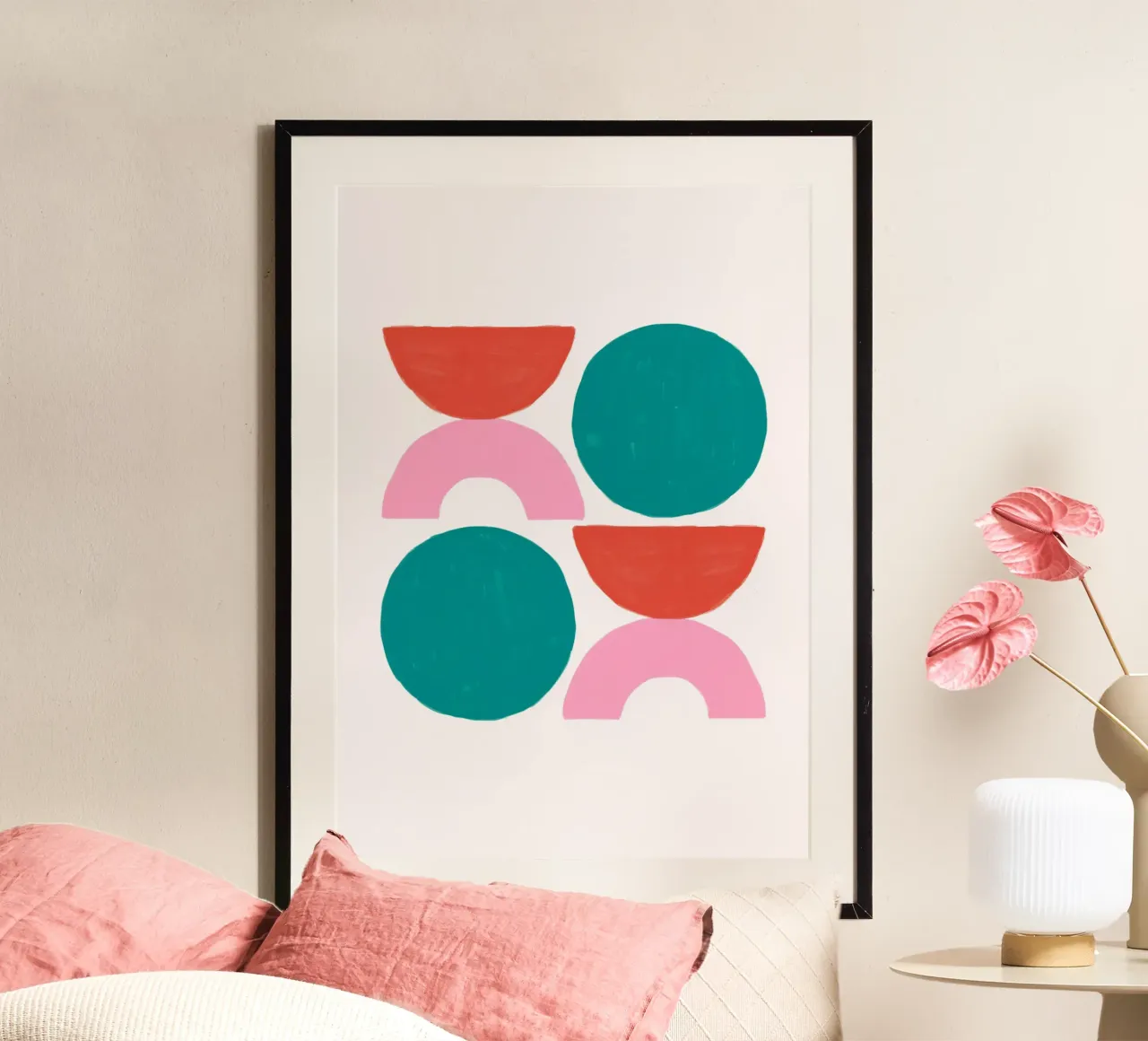 Speels Geometrisch Abstract - Mid-Century Modern Geïnspireerde Kunst poster met houten frame van NorwesClub
