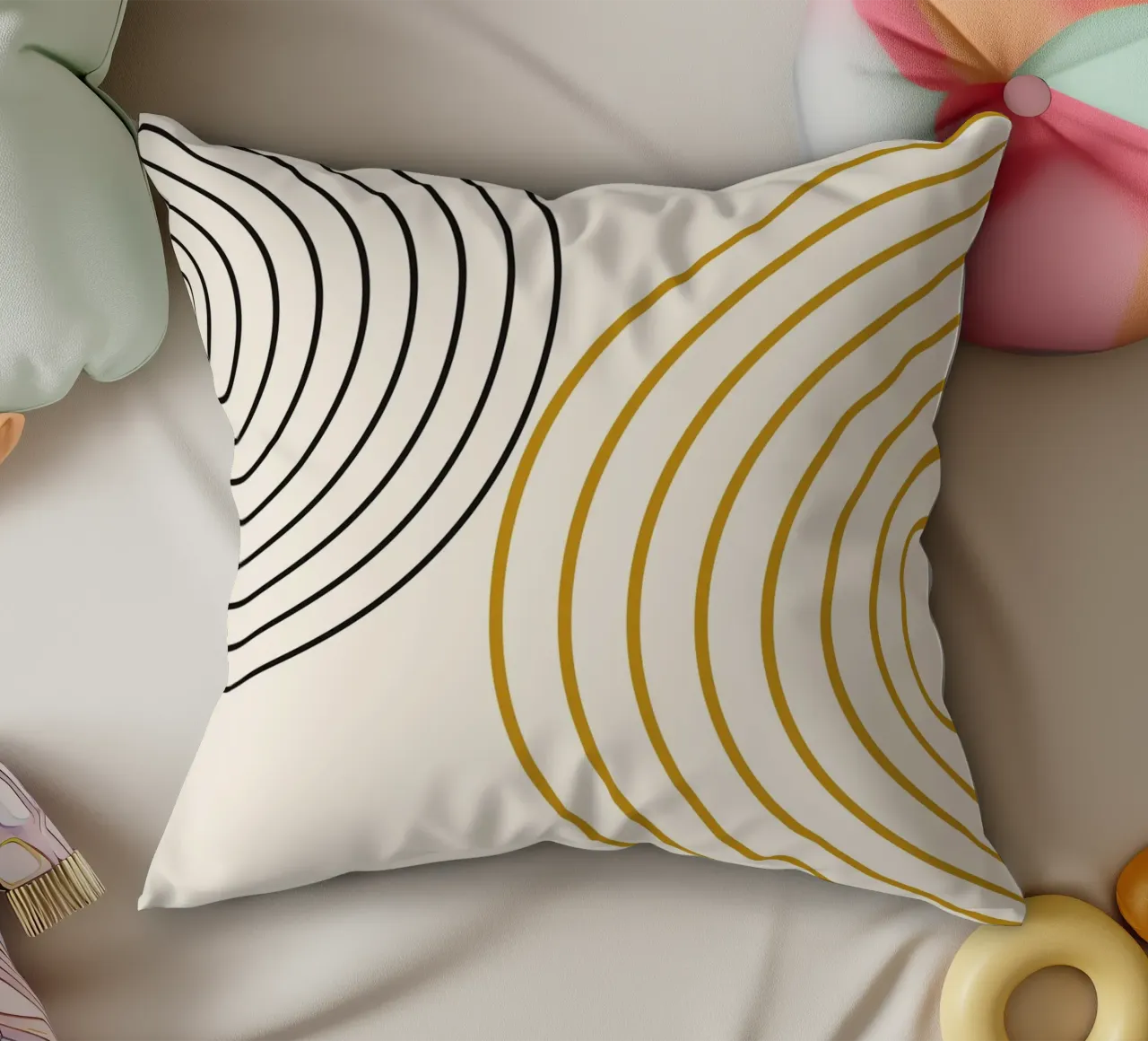 Concentric Circles Abstract - Modern Minimalist Gold & Black decorative cushion by NorwesClub