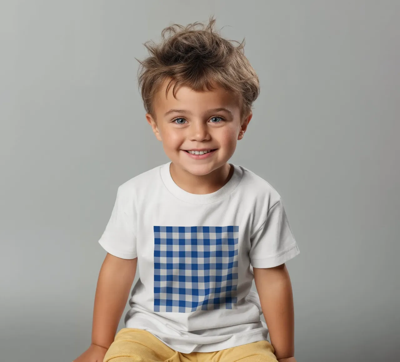 Gingham in Blue Large kids t-shirt by Happy Littles