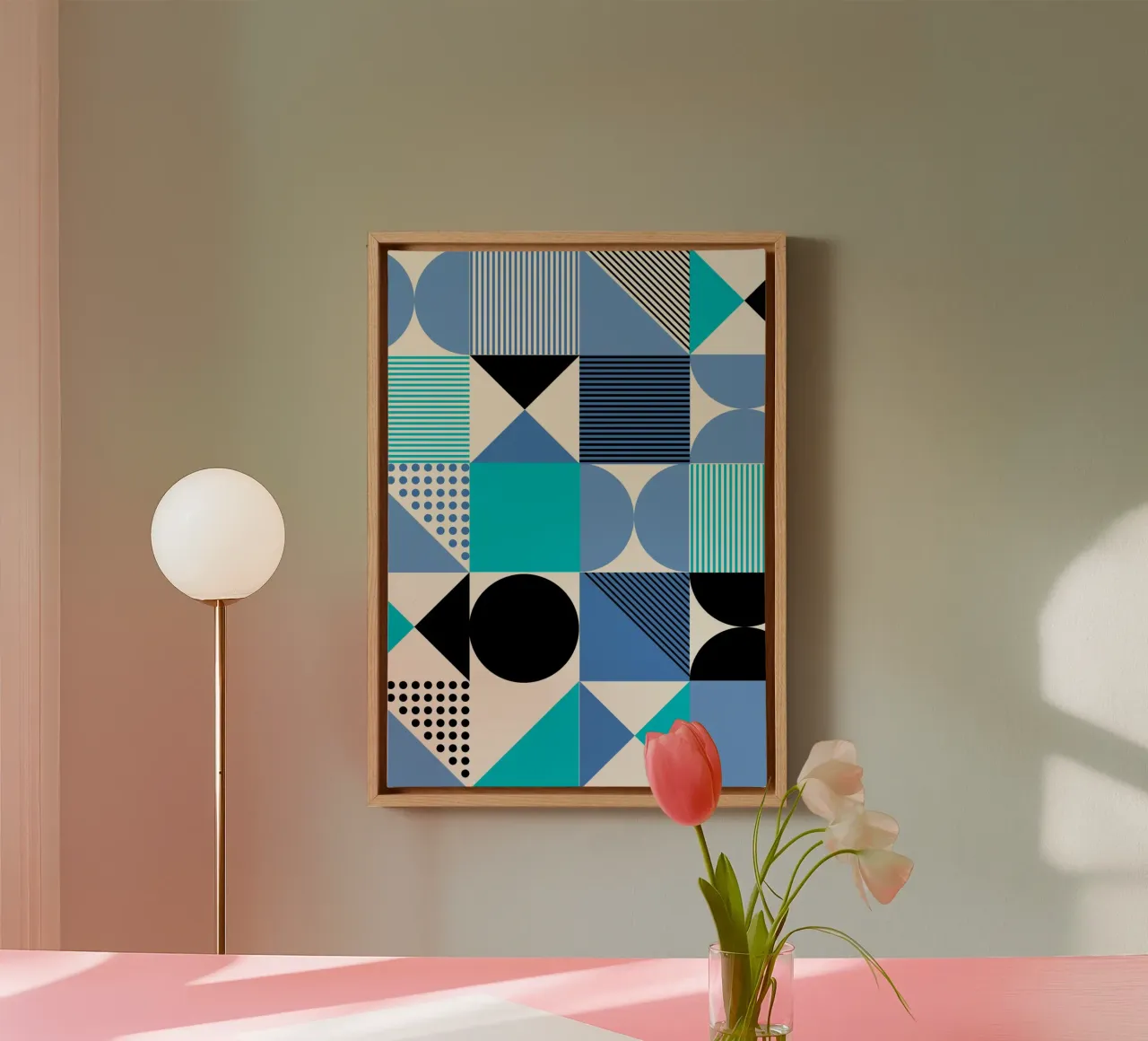 Bauhaus blauw raster - Geometrische abstracte moderne kunstdruk canvas met Baklijst van NorwesClub