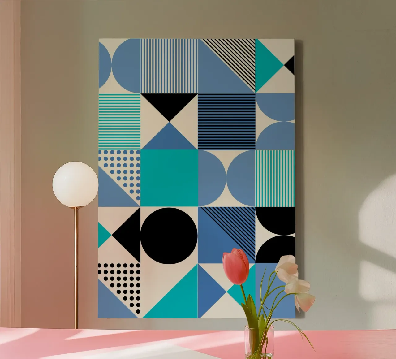 Bauhaus blauw raster - Geometrische abstracte moderne kunstdruk canvas met Baklijst van NorwesClub