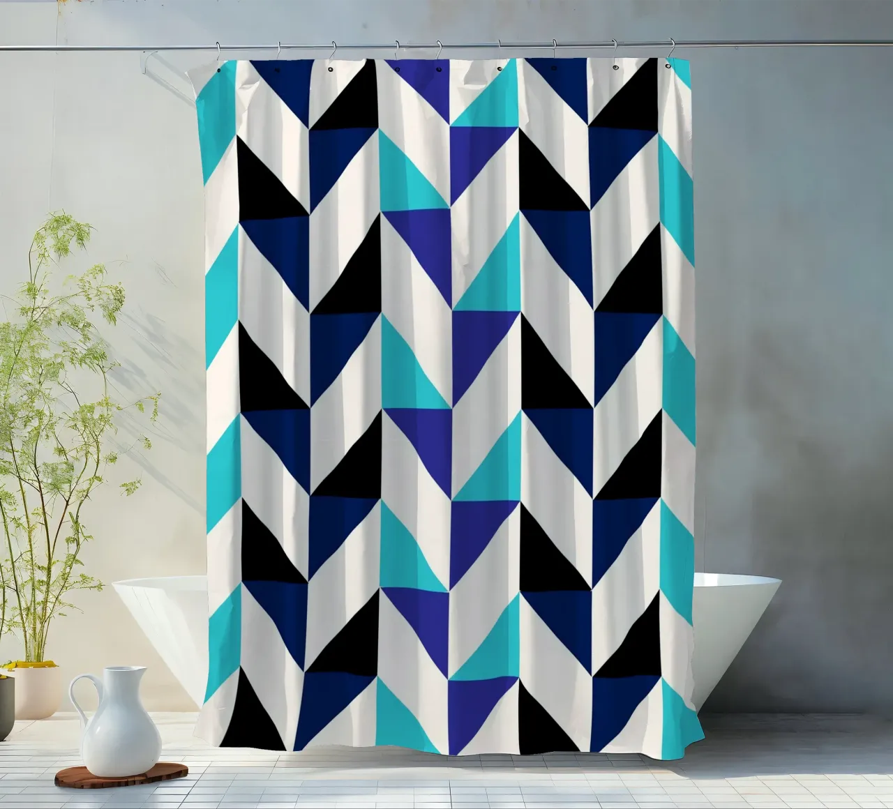 Geometrisches Chevron-Muster - Moderne blaue & schwarze abstrakte Kunst Duschvorhang von NorwesClub