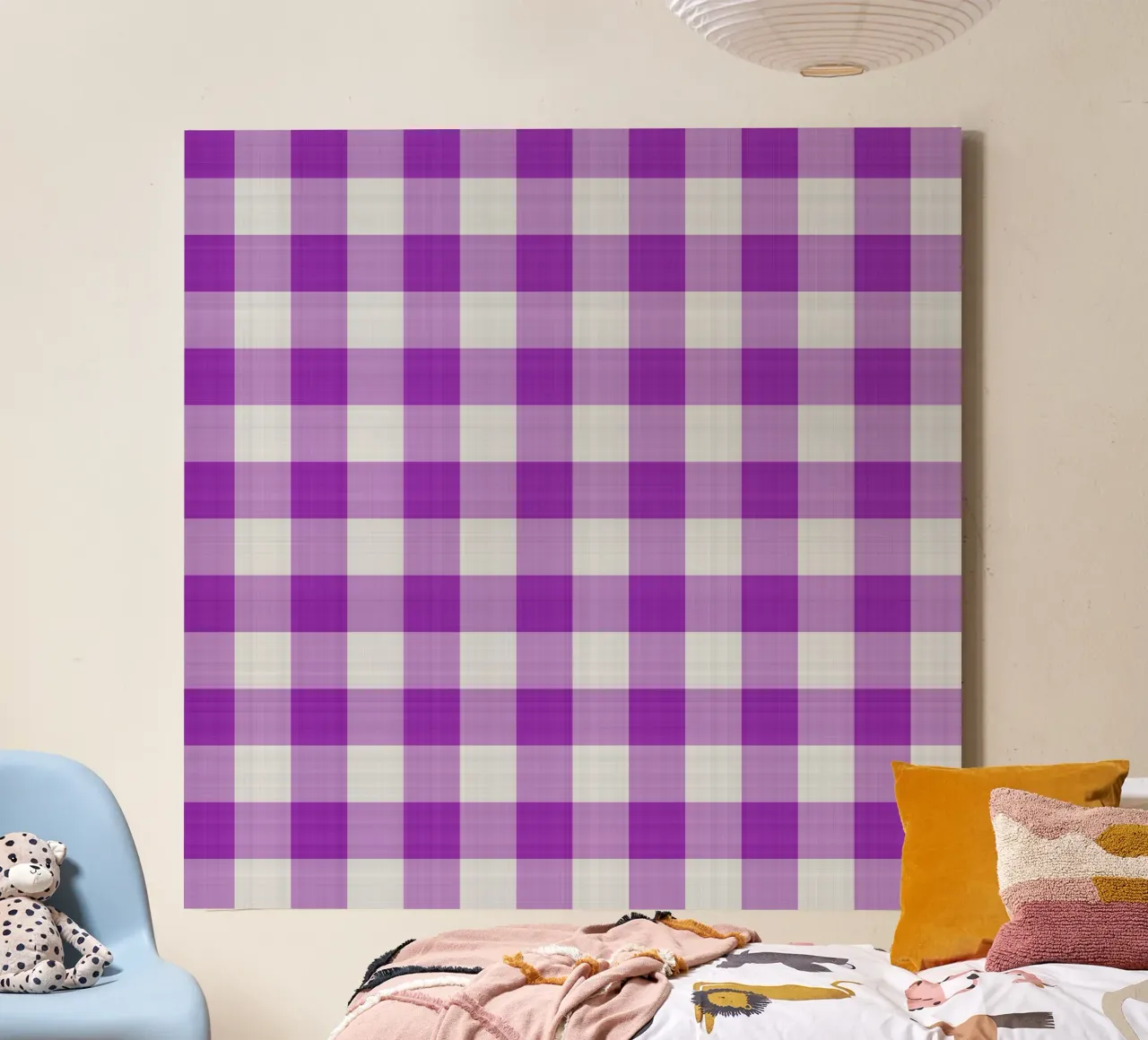 Gingham in lichtpaars Large canvas van Happy Littles