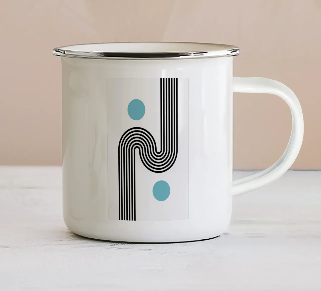 Abstracte curven en cirkels - Modern minimalistisch groenblauw en zwart A emaille mok van NorwesClub