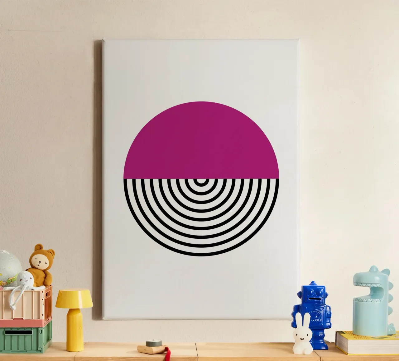 Magenta & Black Hypnotize - Modern Geometric Circle Art canvas with Floater frame by NorwesClub