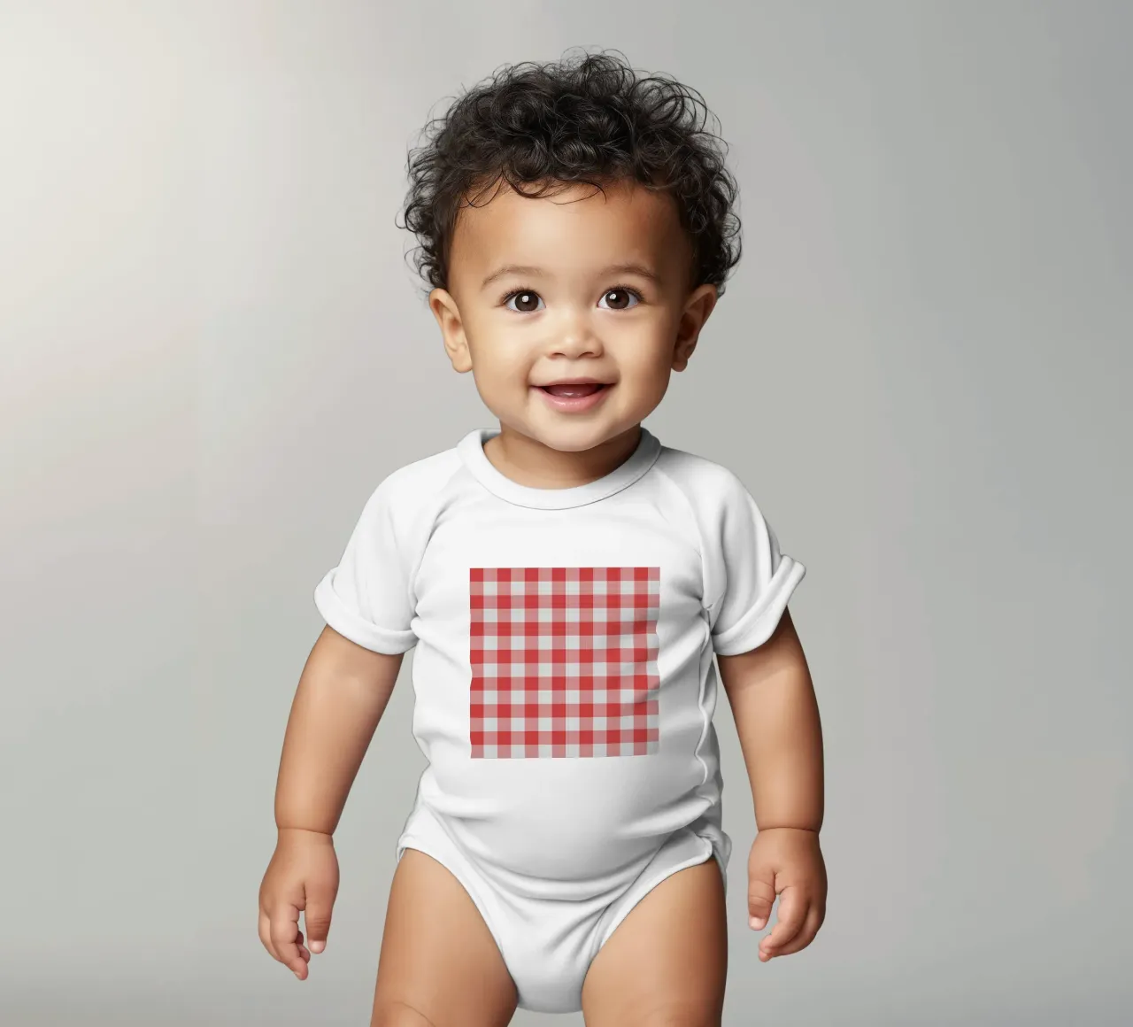 Gingham in Red Large short-sleeve baby romper by Happy Littles