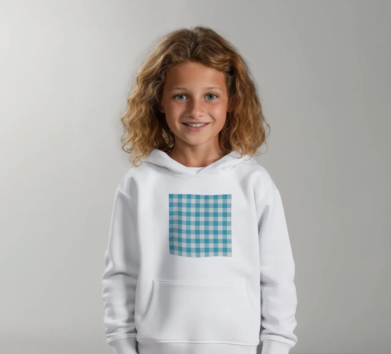 Gingham in Sky Blue Large kids hoodie by Happy Littles
