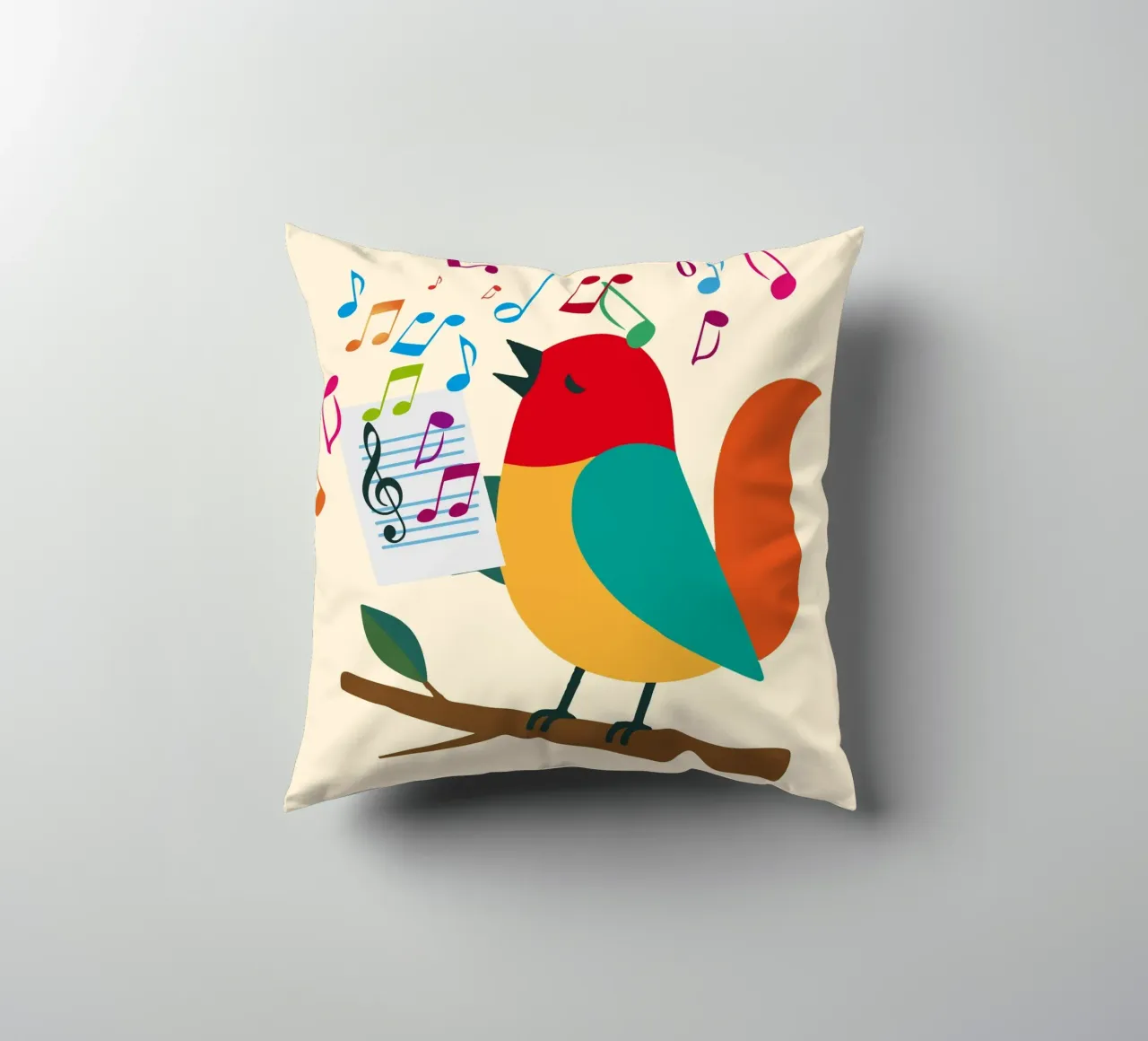 Uccello canterino con note colorate - Allegro motivo musicale cuscino da namosh