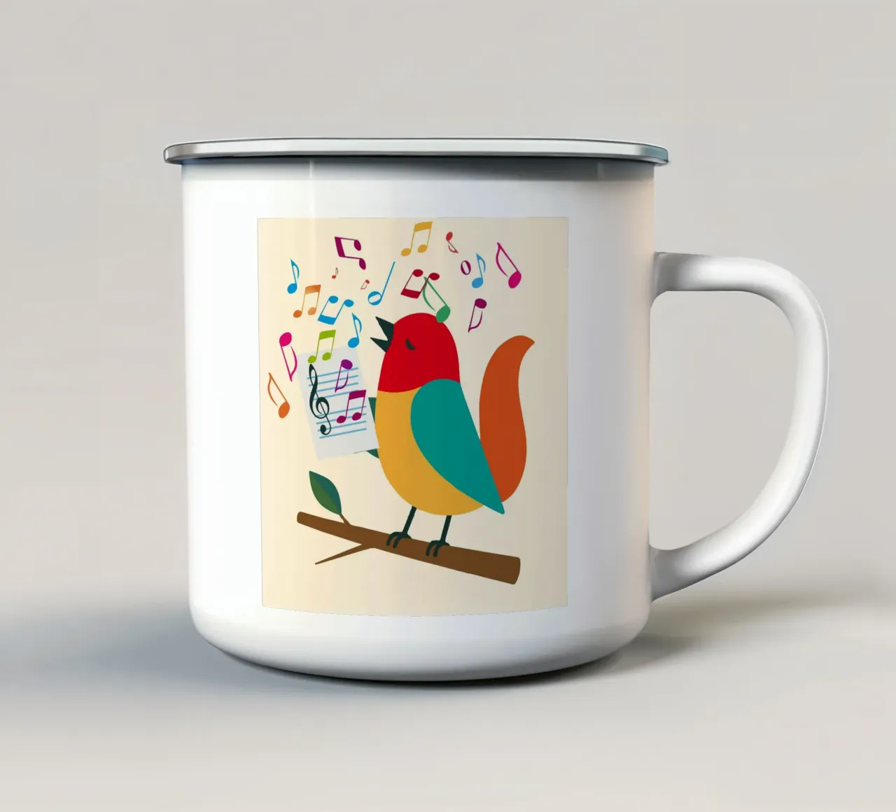 Uccello canterino con note colorate - Allegro motivo musicale tazza in smalto da namosh