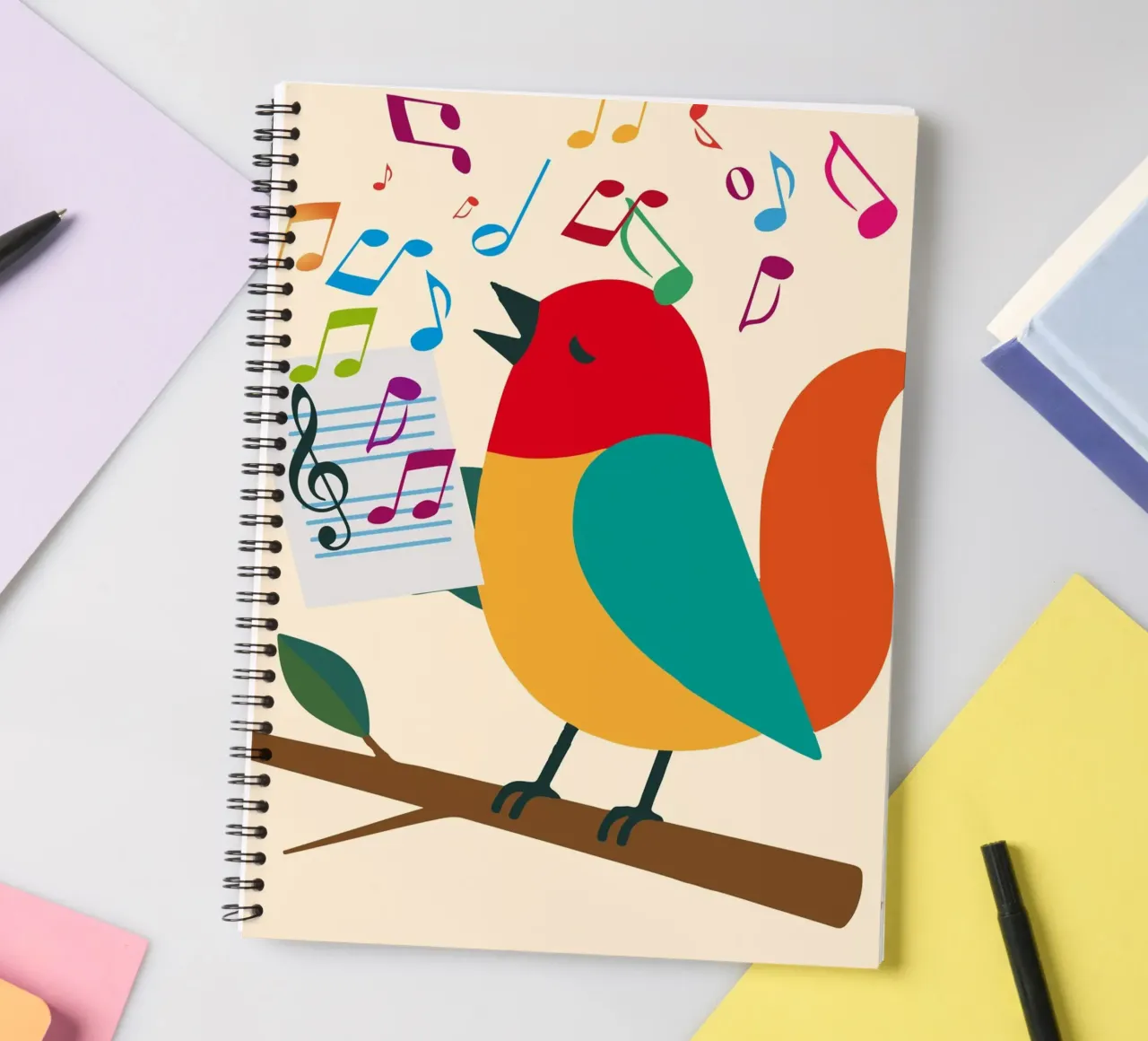 Singing bird with colourful notes - Cheerful musical motif spiral notebook by namosh
