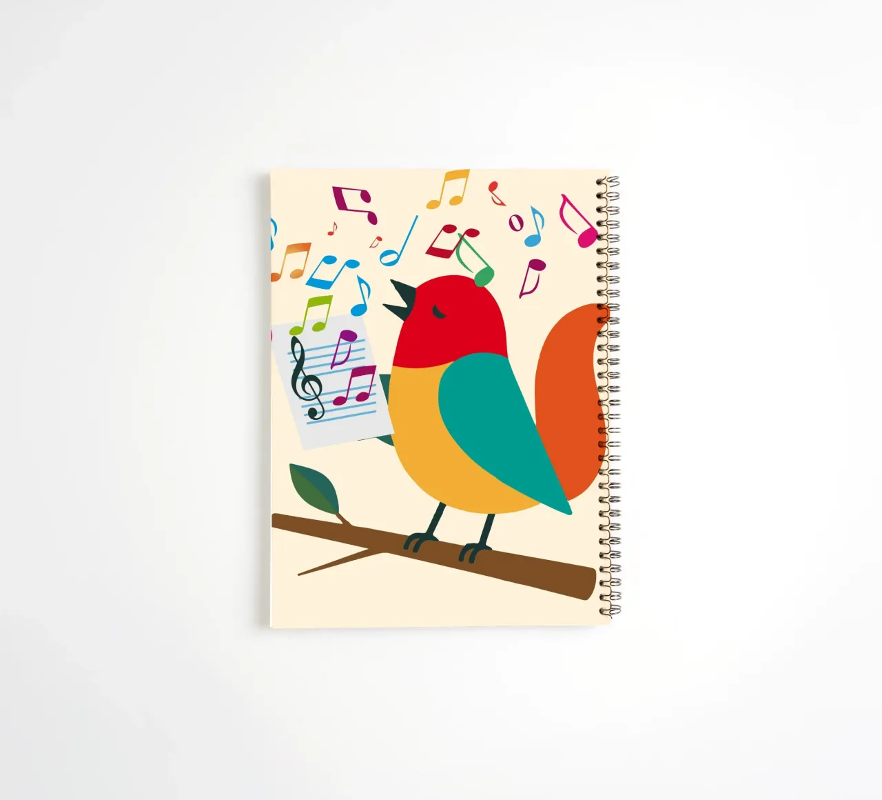 Singing bird with colourful notes - Cheerful musical motif spiral notebook by namosh