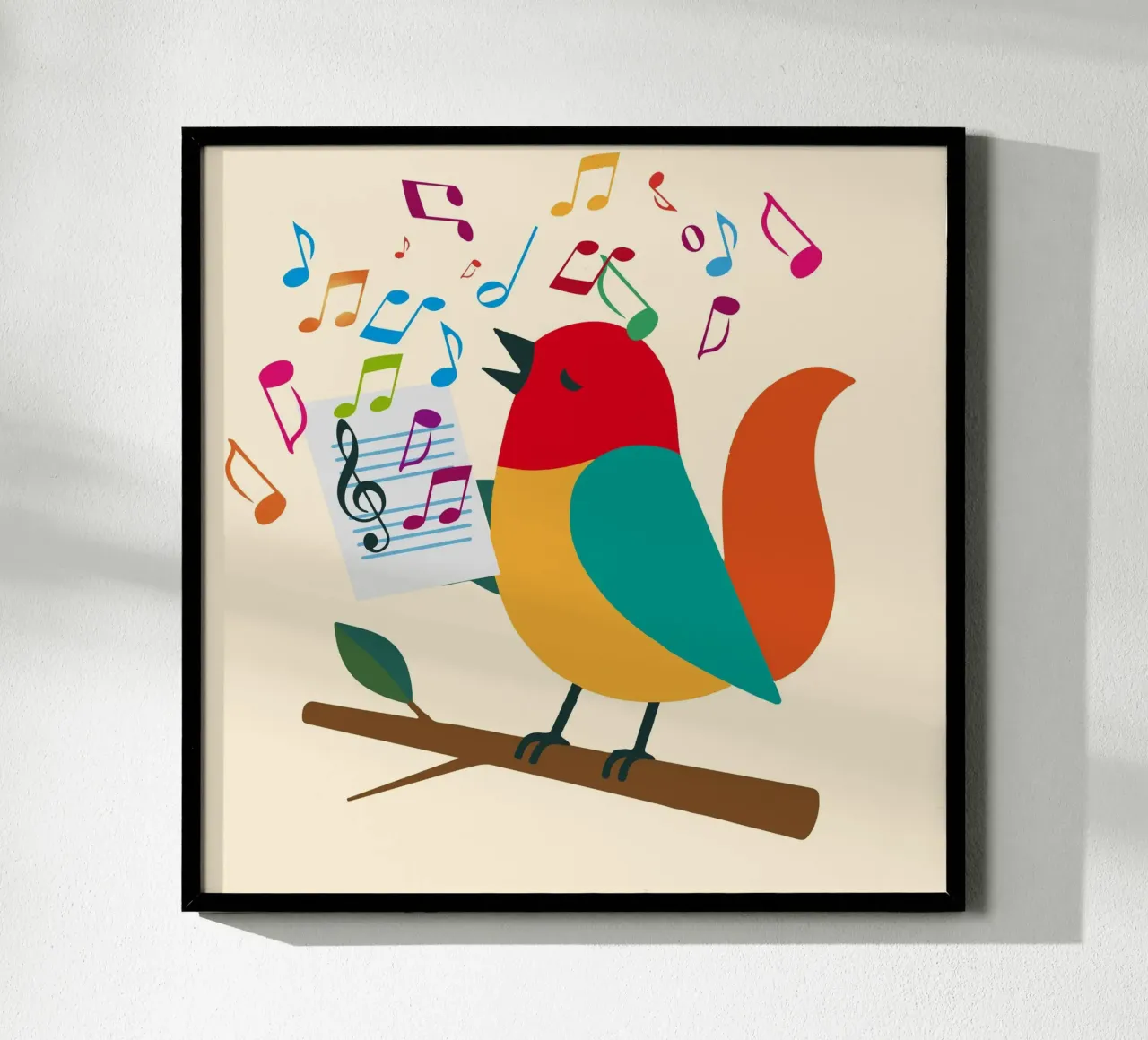 Uccello canterino con note colorate - Allegro motivo musicale carta hahnemühle da namosh