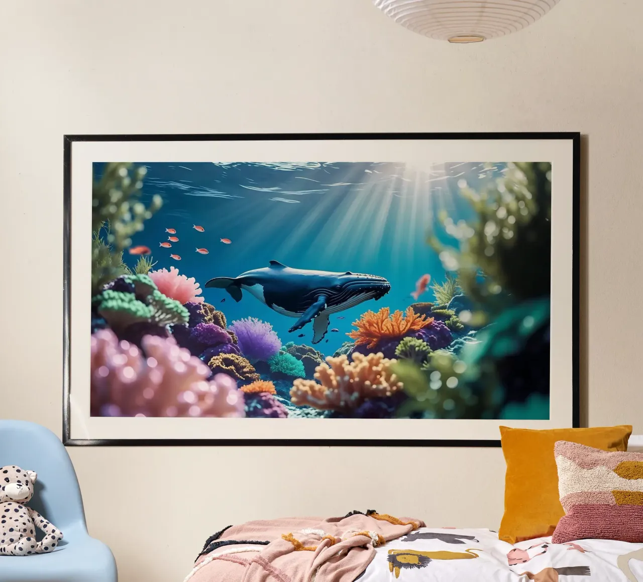 🪸🐳 Humpback whale | Along the Coral Reef poster with aluminum frame by Trinkets NL Design Studio