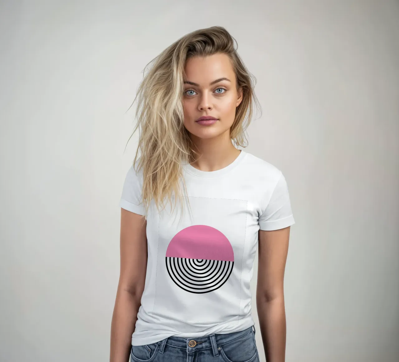 Memphis Pop: Pink & Black Circle, Trendy Geometric Art Print women's fitted t-shirt by NorwesClub