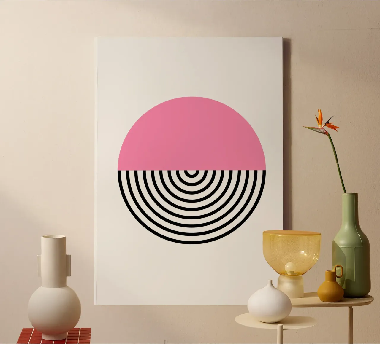 Memphis Pop: Pink & Black Circle, Trendy Geometric Art Print canvas by NorwesClub