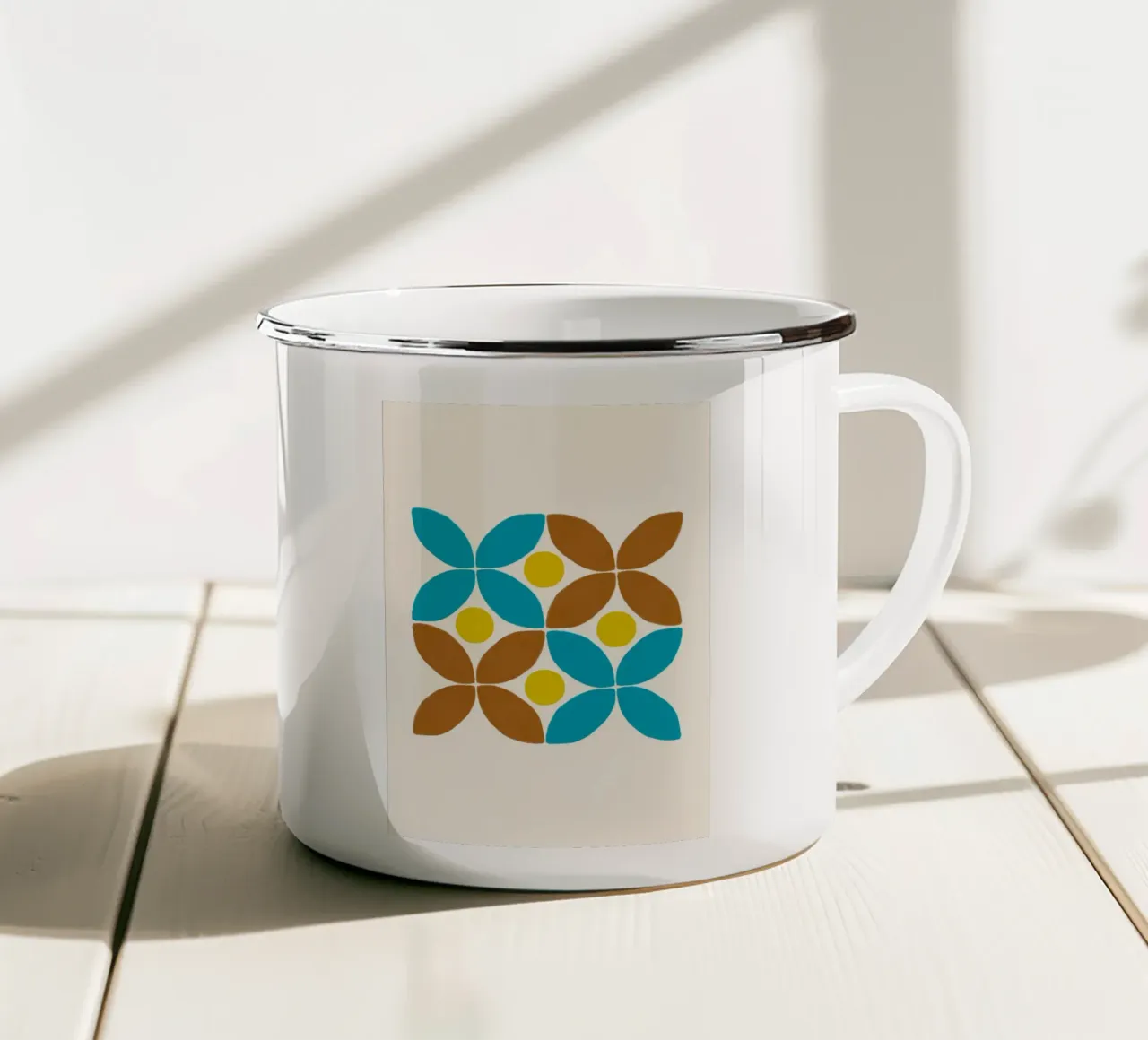Mid-Century Bloemen: Abstract Geometrisch, Teal & Bruin Patroon emaille mok van NorwesClub