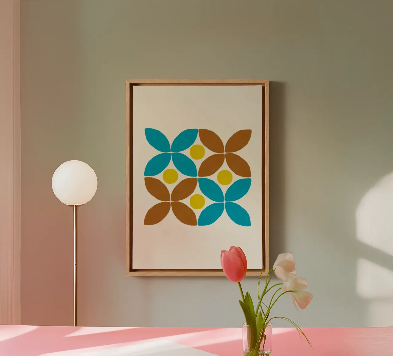 Mid-Century Floral: Abstract Geometric, Teal & Brown Pattern canvas with Floater frame by NorwesClub