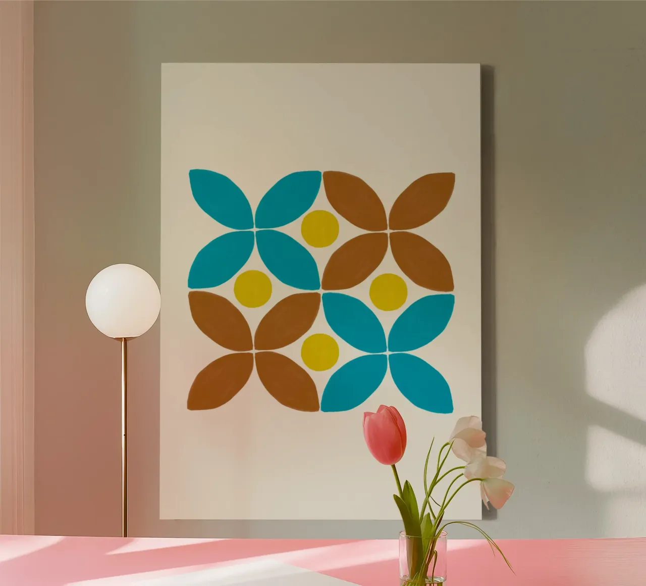 Mid-Century Floral: Abstract Geometric, Teal & Brown Pattern canvas with Floater frame by NorwesClub