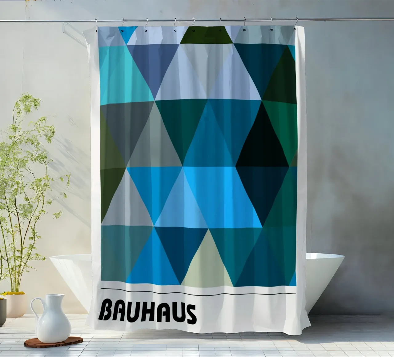 Bauhaus Triangles: Geometric Abstract, Cool Tones Trend Art shower curtain by NorwesClub