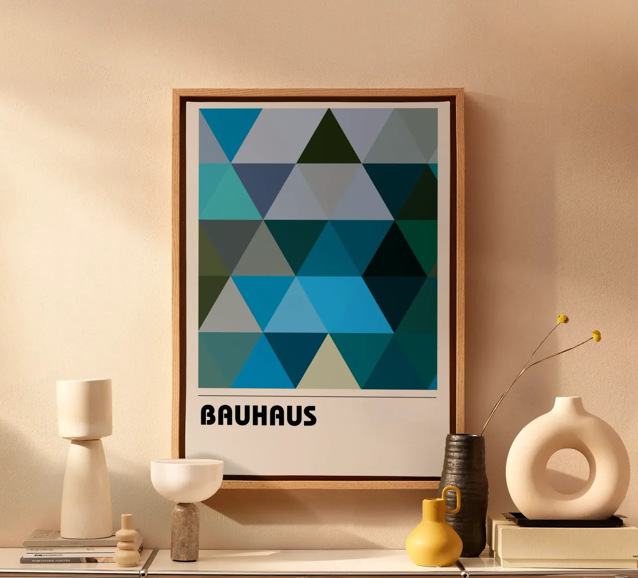Bauhaus Triangles: Geometric Abstract, Cool Tones Trend Art canvas with Floater frame by NorwesClub