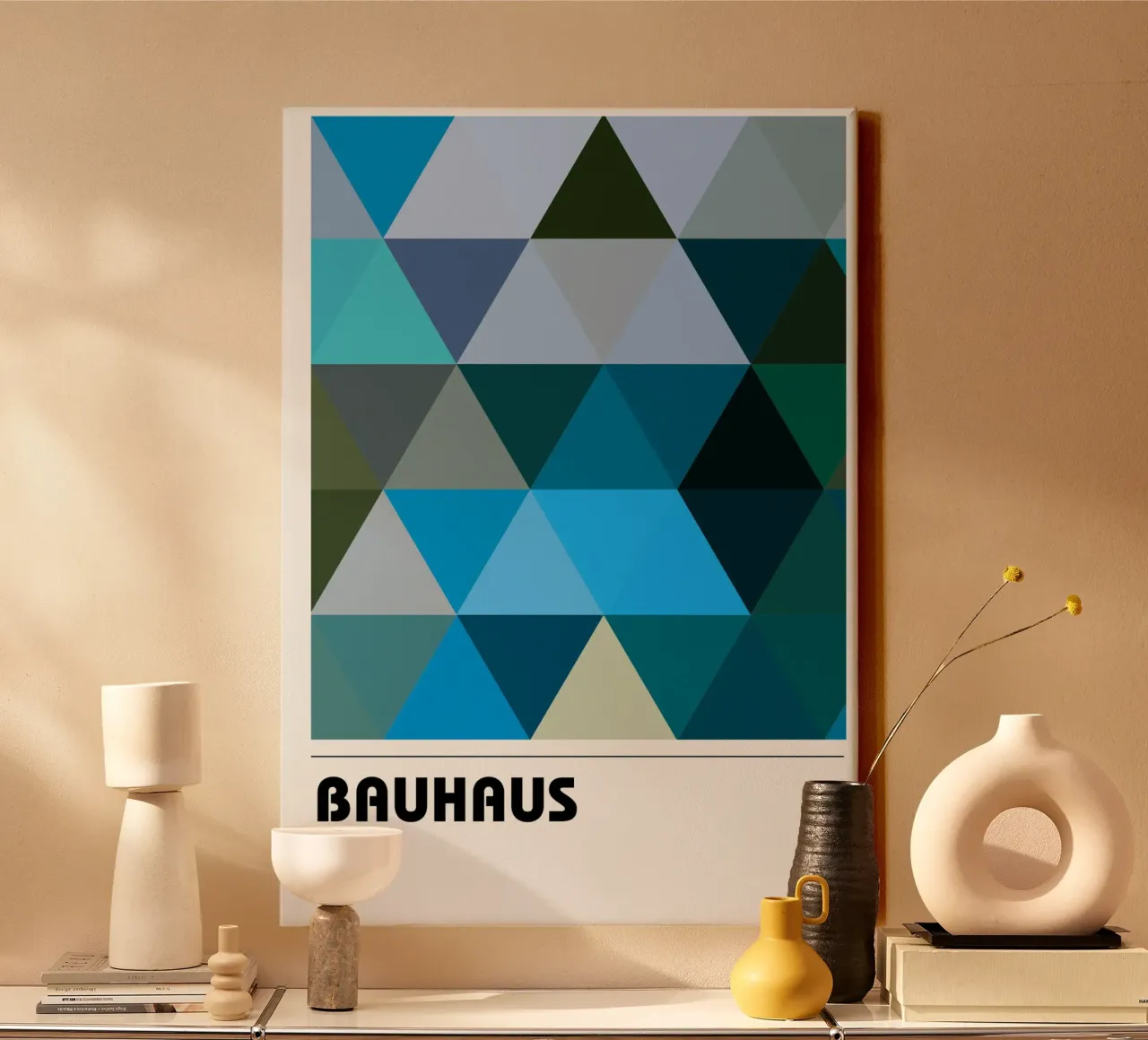 Bauhaus Triangles: Geometric Abstract, Cool Tones Trend Art canvas with Floater frame by NorwesClub