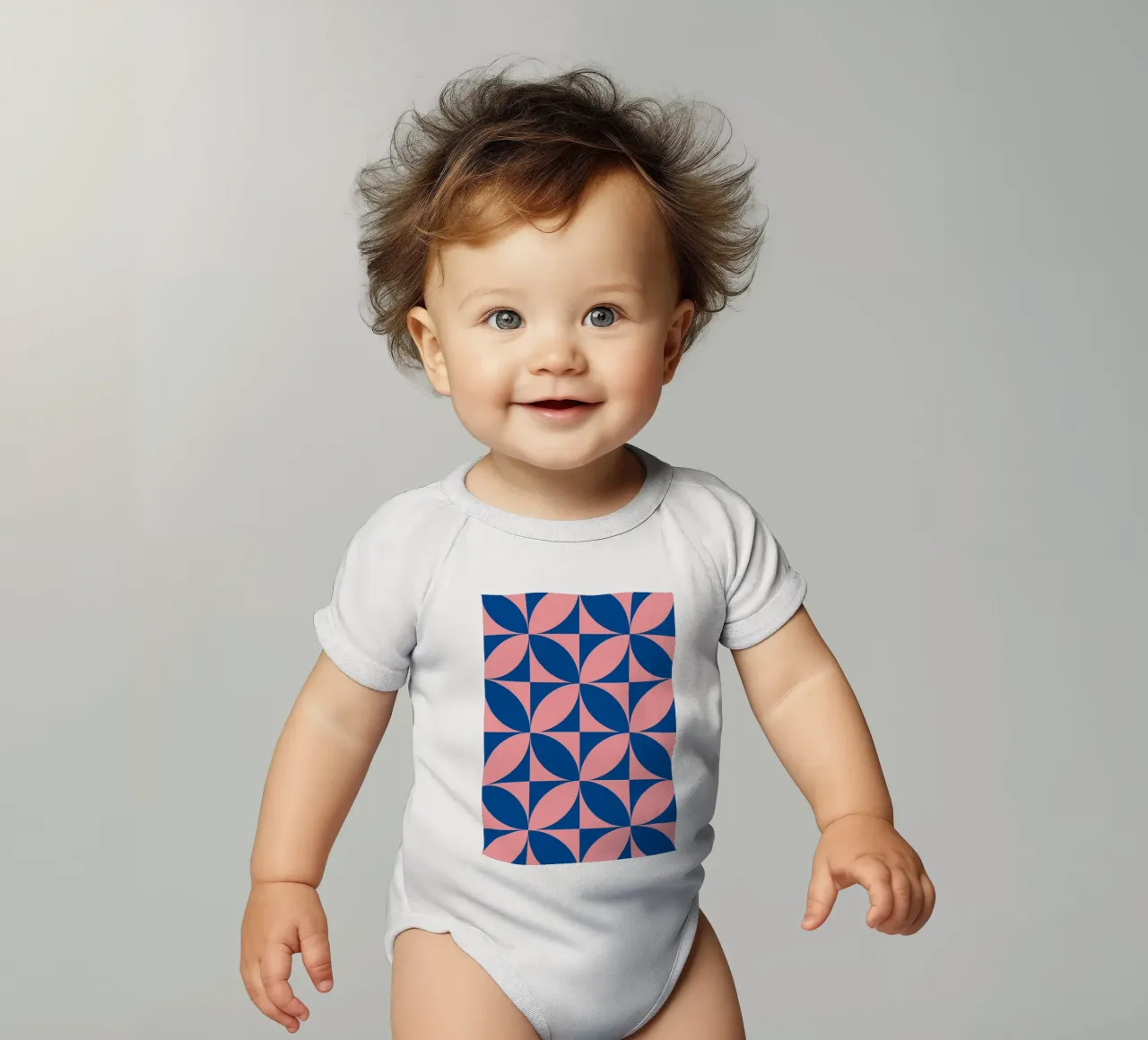 Brasilia Petals: Geometric Abstract, Pink & Blue Trend Art short-sleeve baby romper by NorwesClub