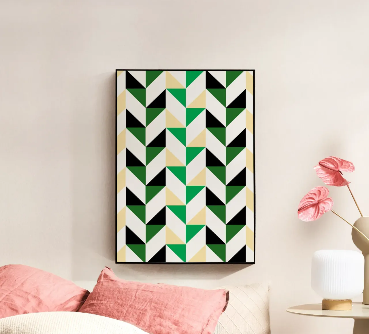 Ritmo a zig zag: Chevron geometrico, arte astratta verde e nera plexiglass da NorwesClub