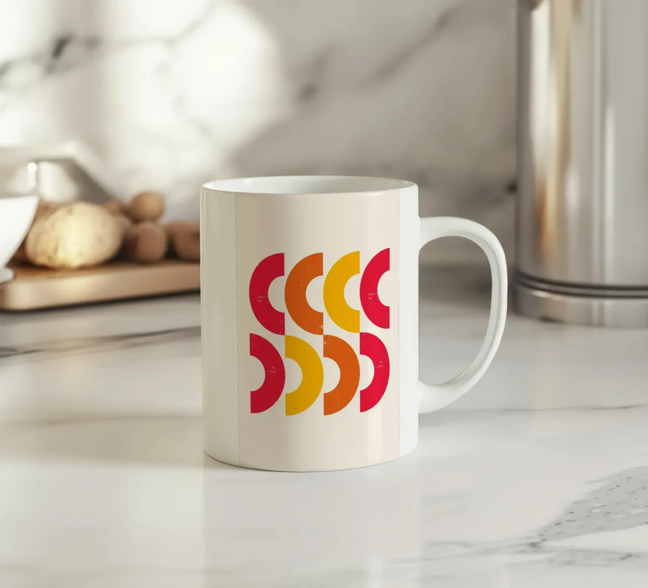 Retro Arcs: Geometric Abstract, Red & Orange Modern Art ceramic mug by NorwesClub