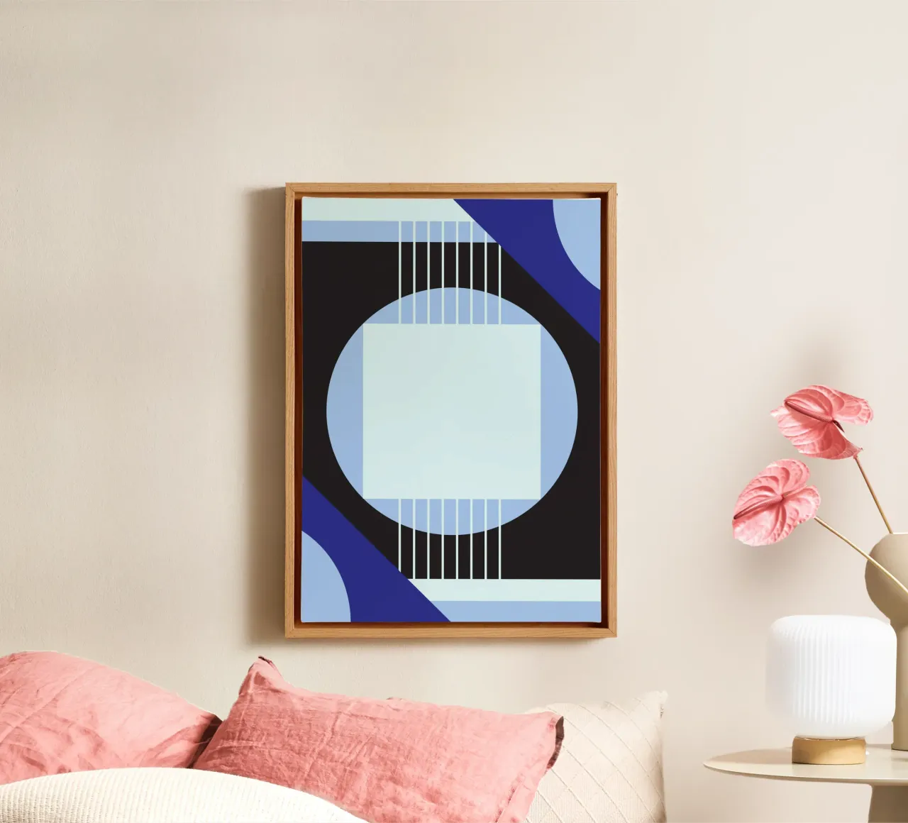Bauhaus Blau: Abstrakt Geometrisch, Modern Dunkel & Hell Kunst Leinwand mit Schattenfugenrahmen von NorwesClub