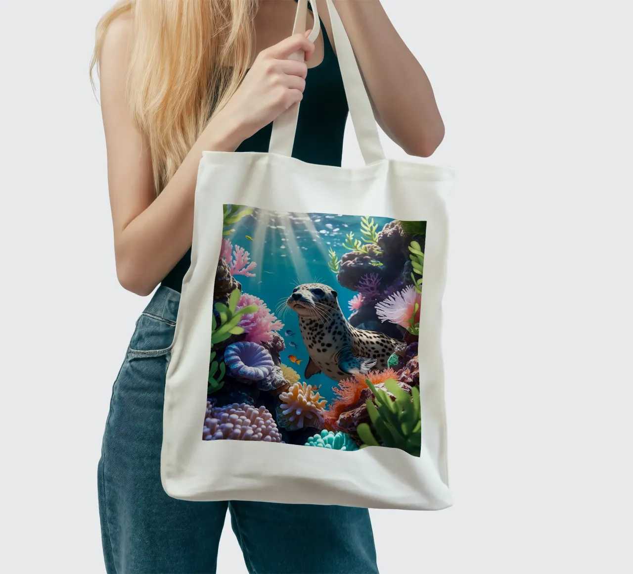 Foca maculata | Paesaggio onirico di una foca (2) borsa in juta da Trinkets NL Design Studio