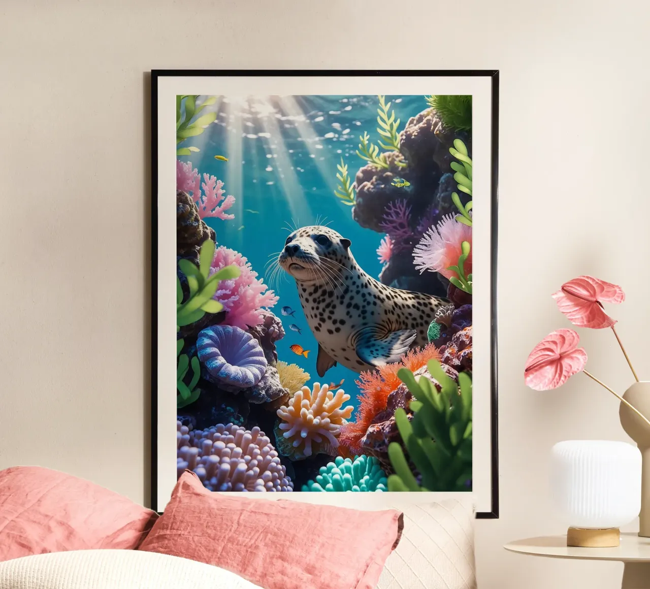 Foca maculata | Paesaggio onirico di una foca (2) poster da Trinkets NL Design Studio