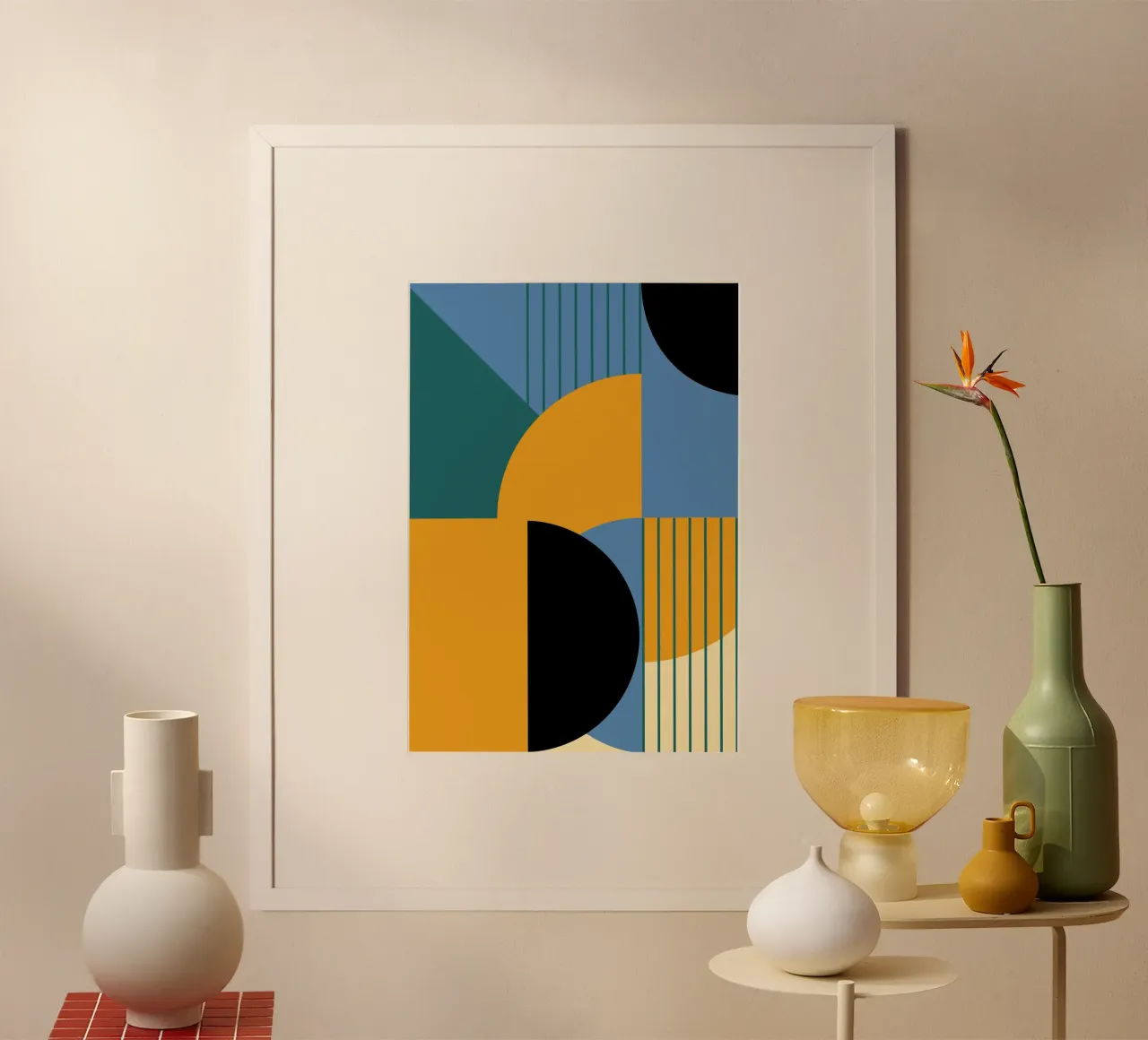 Bauhaus Color Blocks: Geometric Abstract, Modern Trend Art poster with wooden frame by NorwesClub