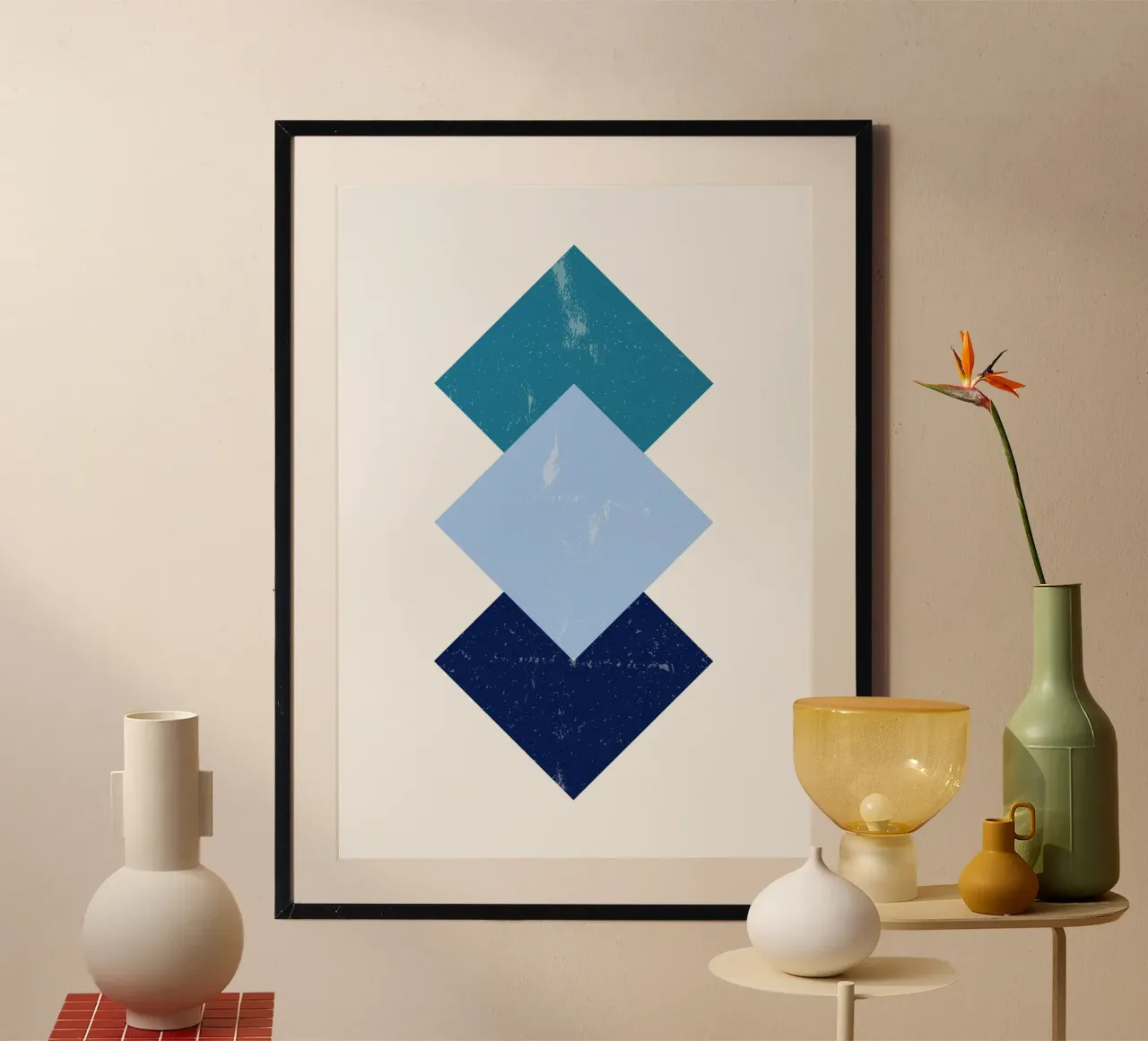 Blauwe ruiten: Geometrische abstracte, gestructureerde minimalistische kunst poster met houten frame van NorwesClub