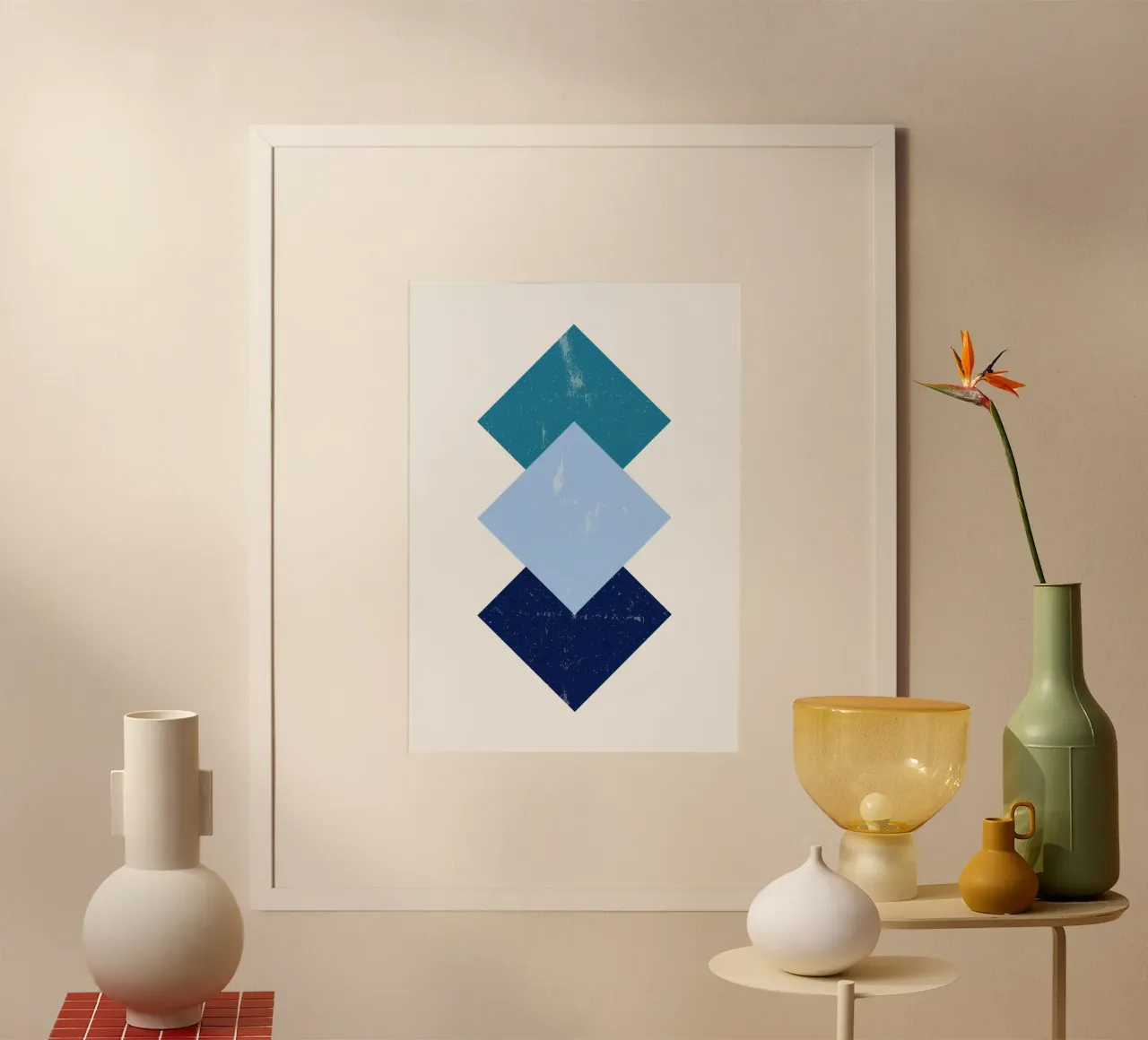 Blauwe ruiten: Geometrische abstracte, gestructureerde minimalistische kunst poster met houten frame van NorwesClub