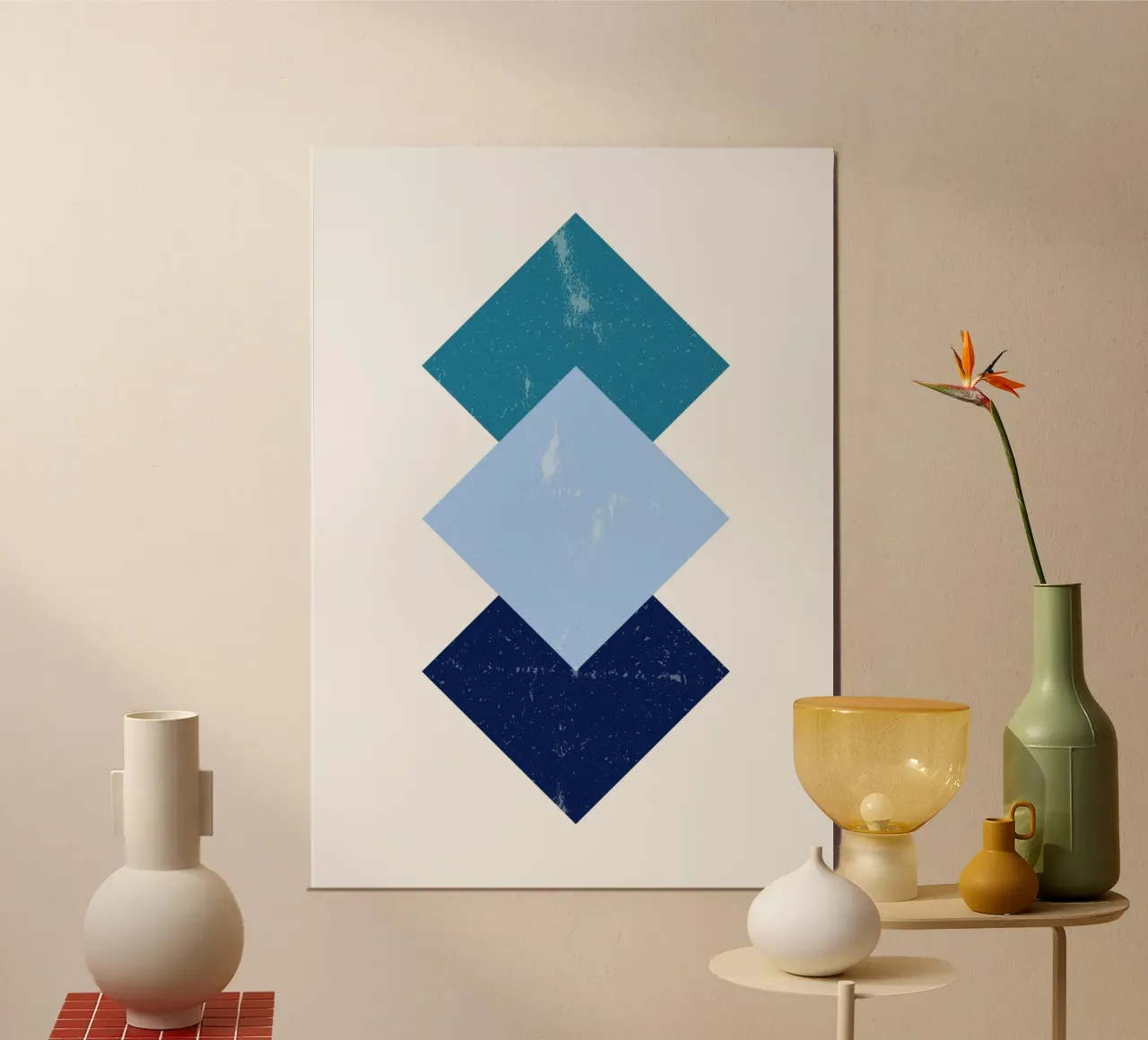 Blauwe ruiten: Geometrische abstracte, gestructureerde minimalistische kunst poster met houten frame van NorwesClub