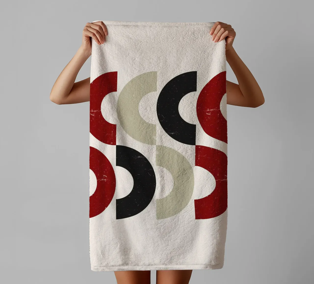 Textured Arcs: Geometric Abstract, Red Black & Beige Art towel by NorwesClub